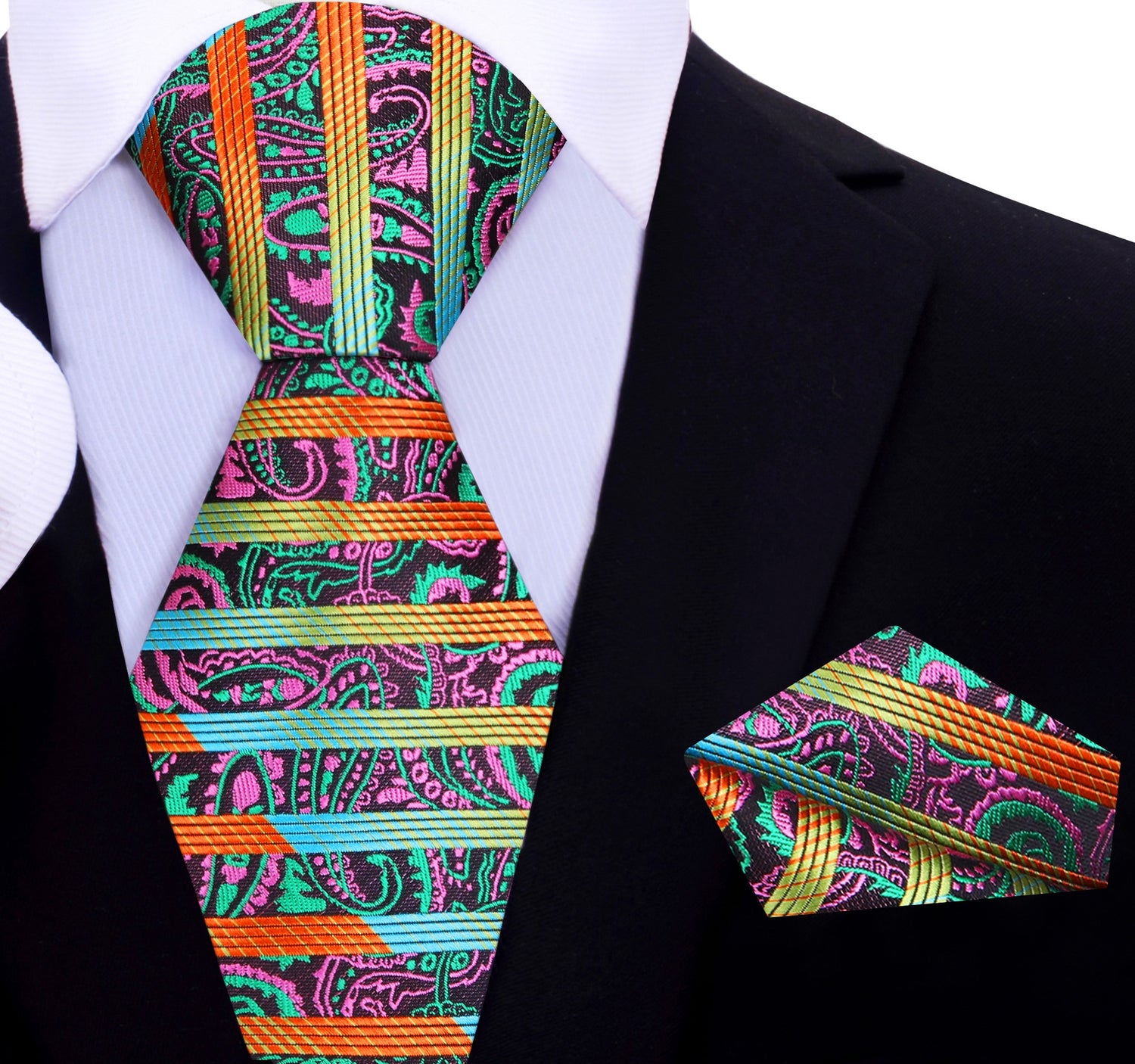 Necktie and Square with a Orange, Green, Blue, Yellow, Pink, Brown Stripe, Abstract, Paisley Pattern