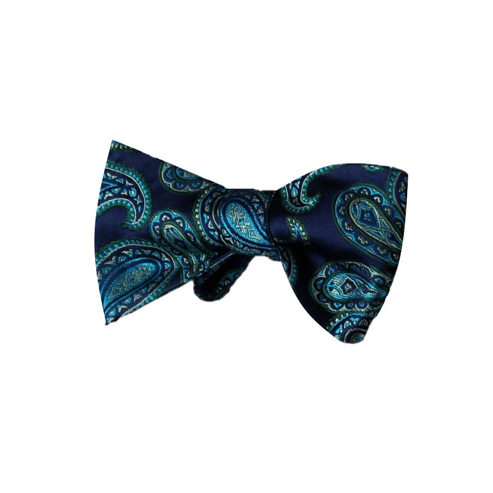 A Dark Blue, Teal Paisley Pattern Silk Self Tie Bow Tie
