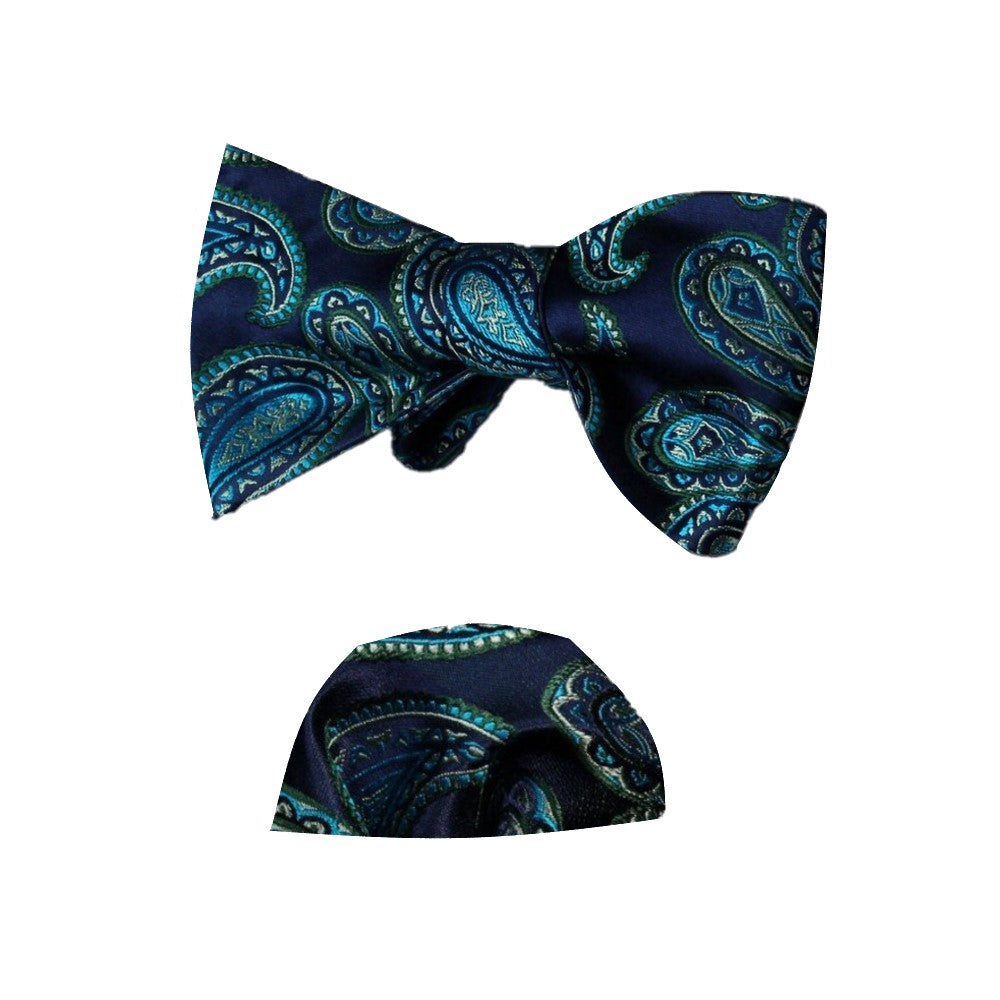 A Dark Blue, Teal Paisley Pattern Silk Self Tie Bow Tie, Matching Pocket Square