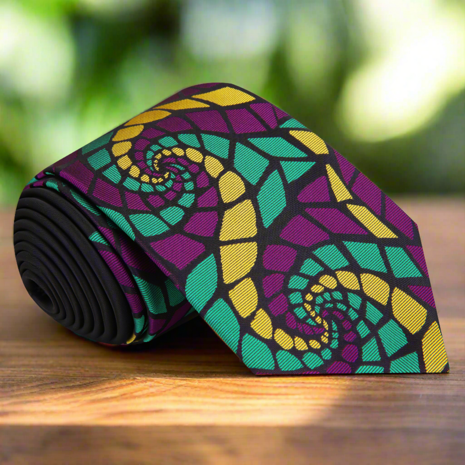 A Purple, Green, Gold Abstract Swirl Tie