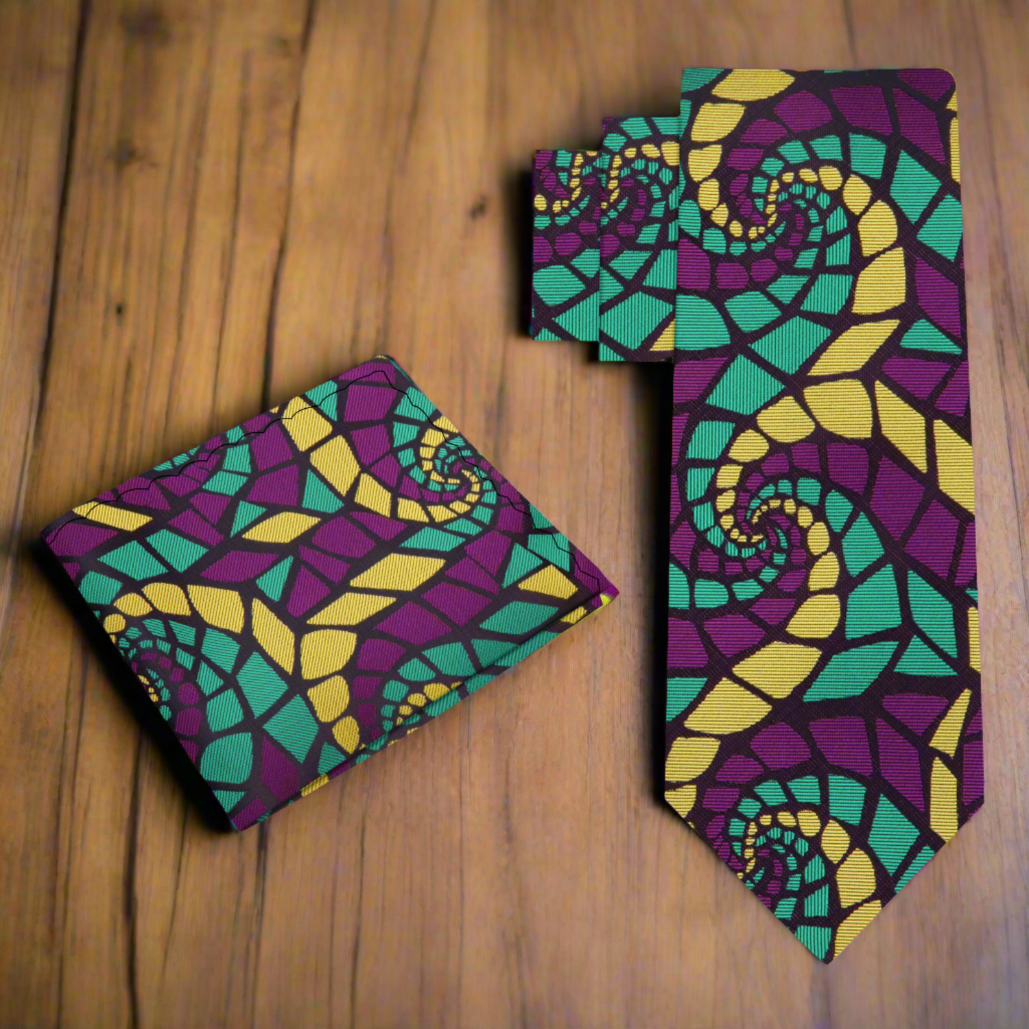 View 2: A Purple, Green, Gold Abstract Swirl Tie, Pocket Square