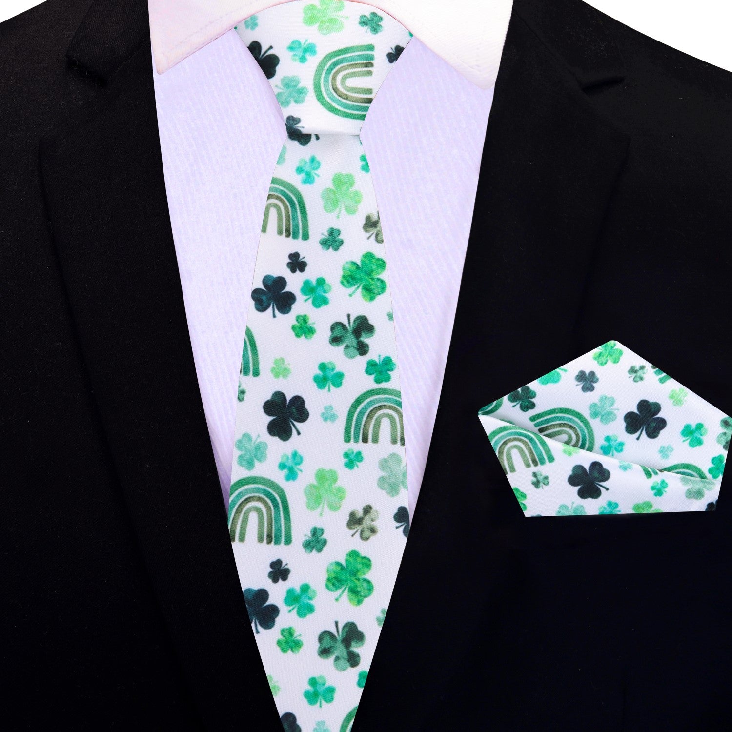 Thin Tie: White, Green Clover with Rainbows Tie and Square