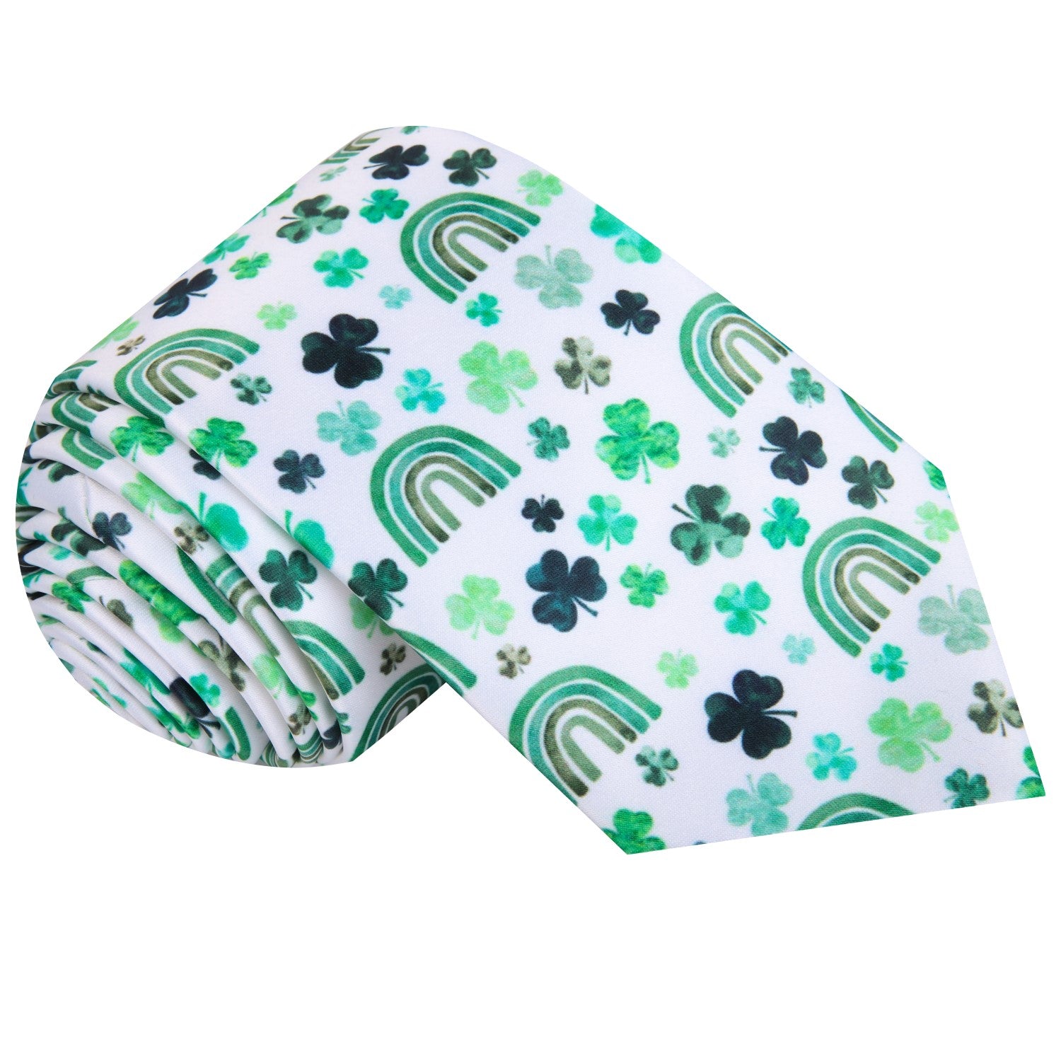 White, Green Clover with Rainbows Tie 