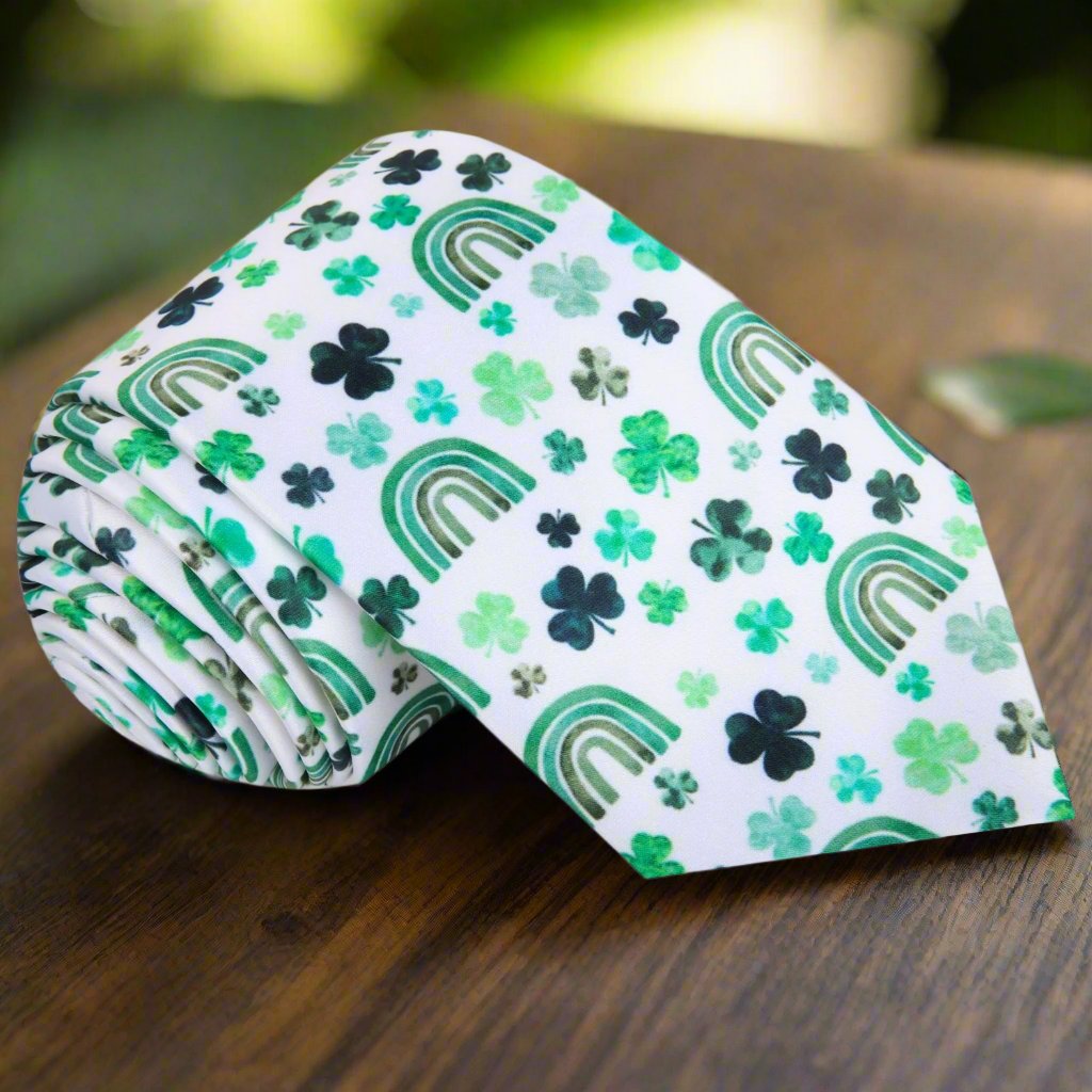 White, Green Clover with Rainbows Tie 