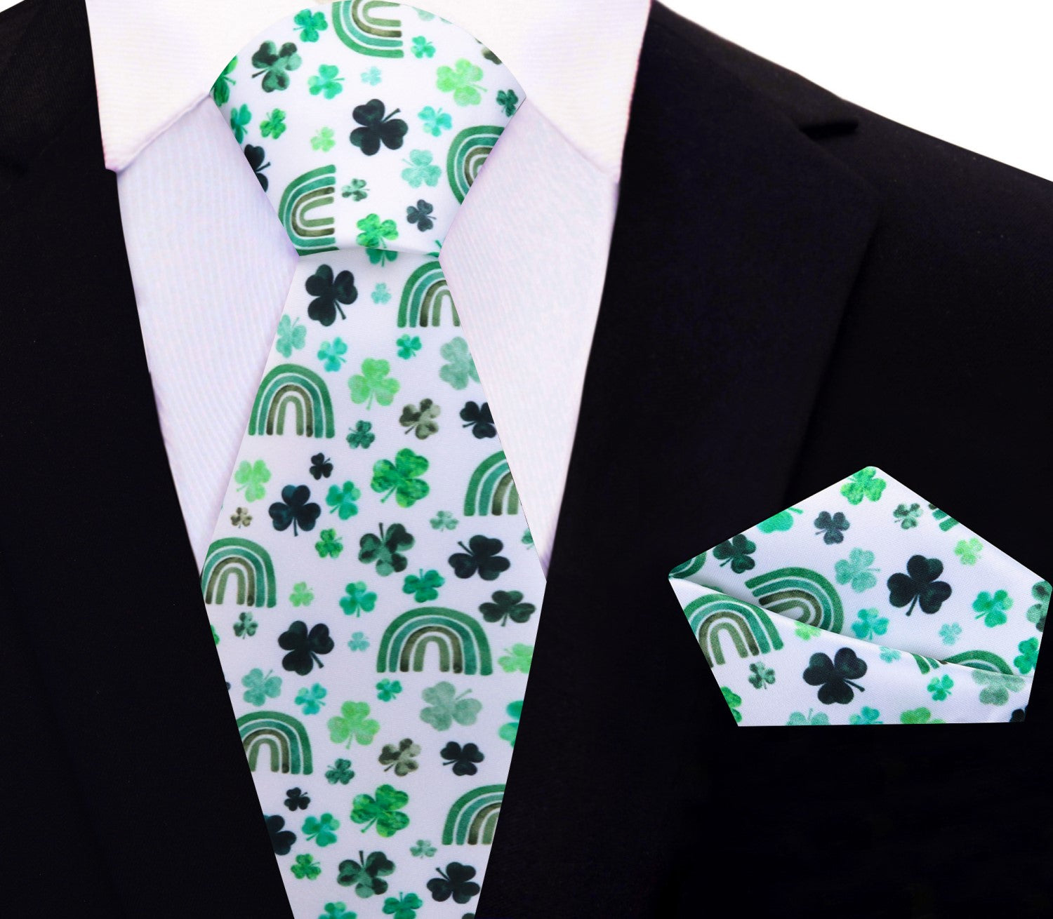 Alt View: White, Green Clover with Rainbows Tie and Square