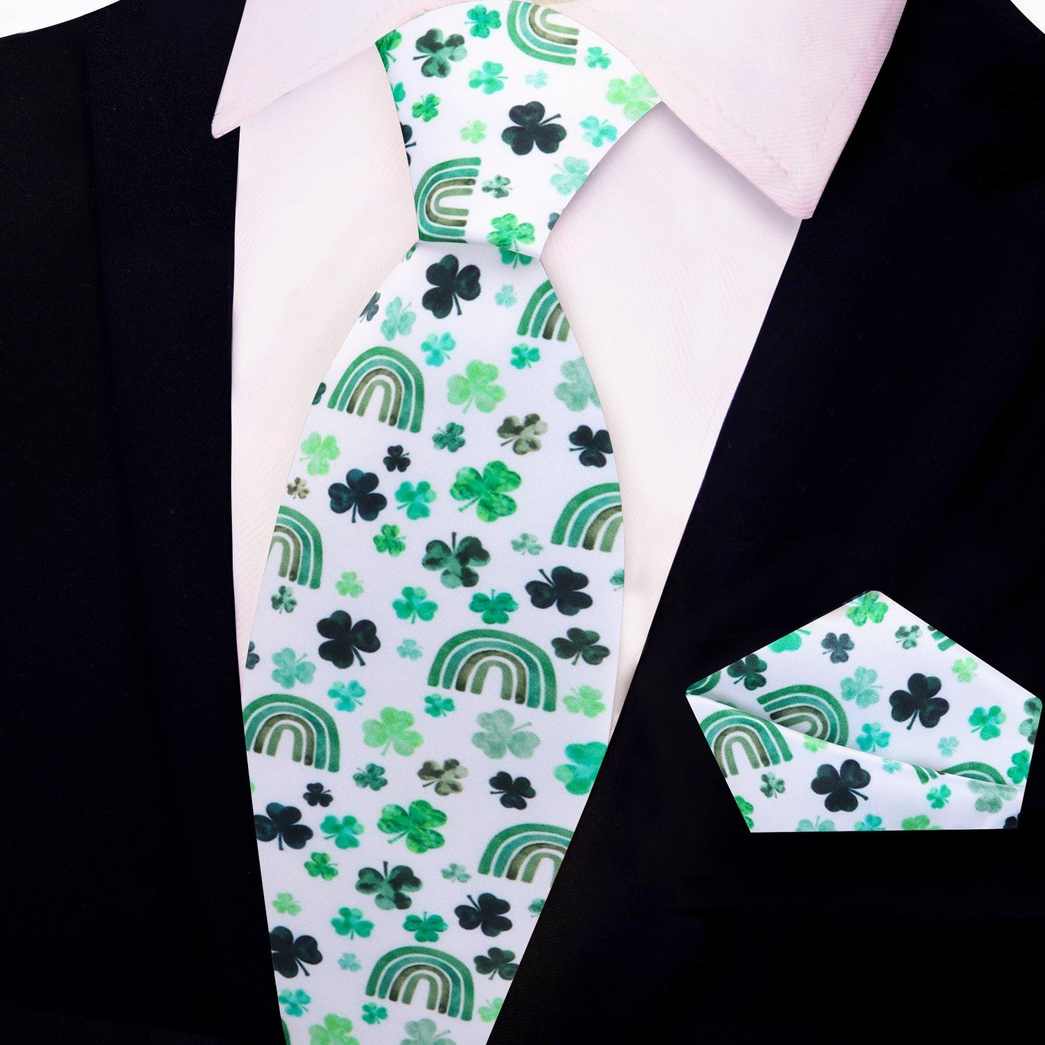 White, Green Clover with Rainbows Tie and Square
