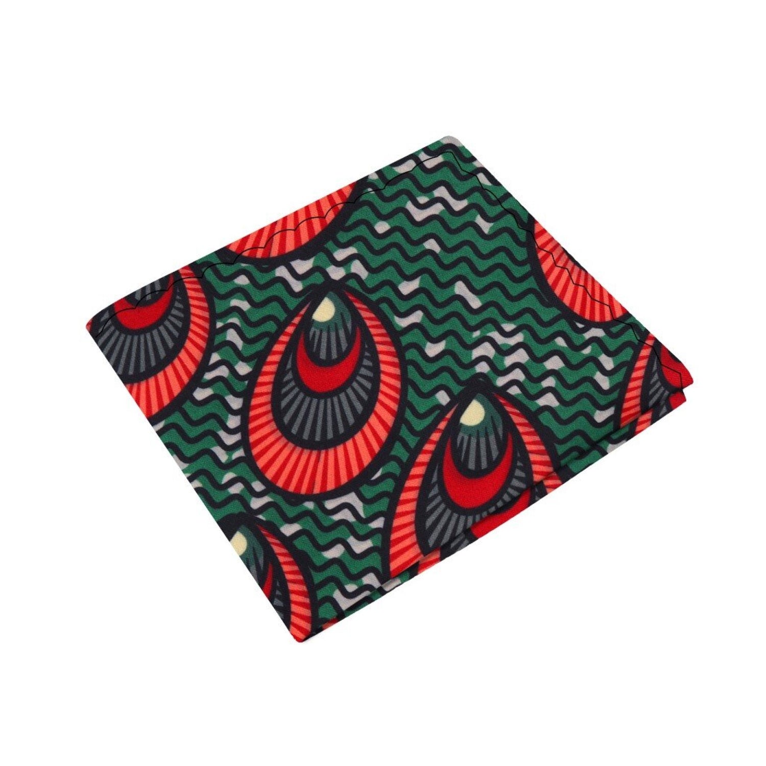 View 2: A Paradise Green, Limelight Red, Black, Grey Color Abstract Circle And Waves Pattern Pocket Square