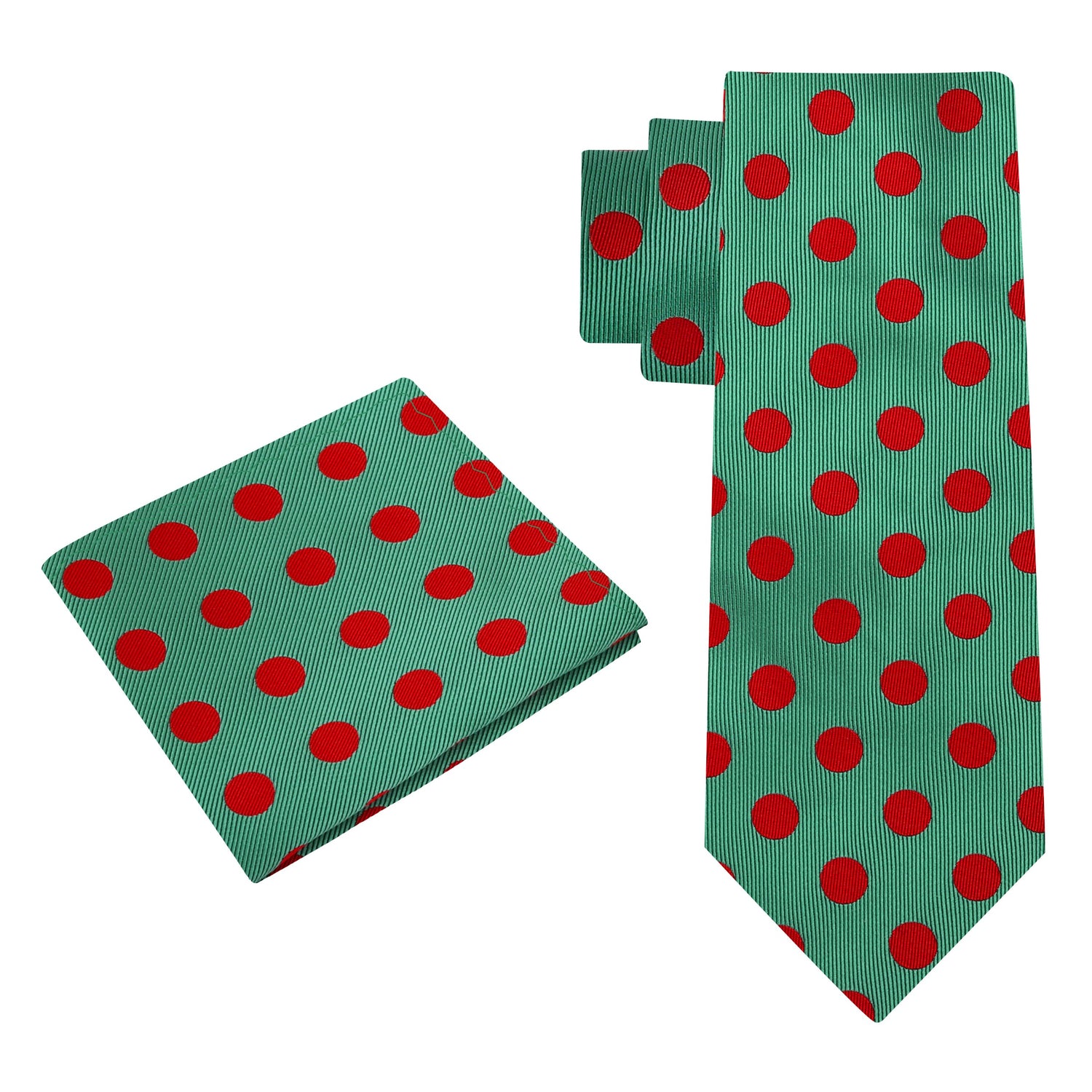 Alt View: A Green, Red Polka Dot Pattern Silk Necktie, Matching Pocket Square