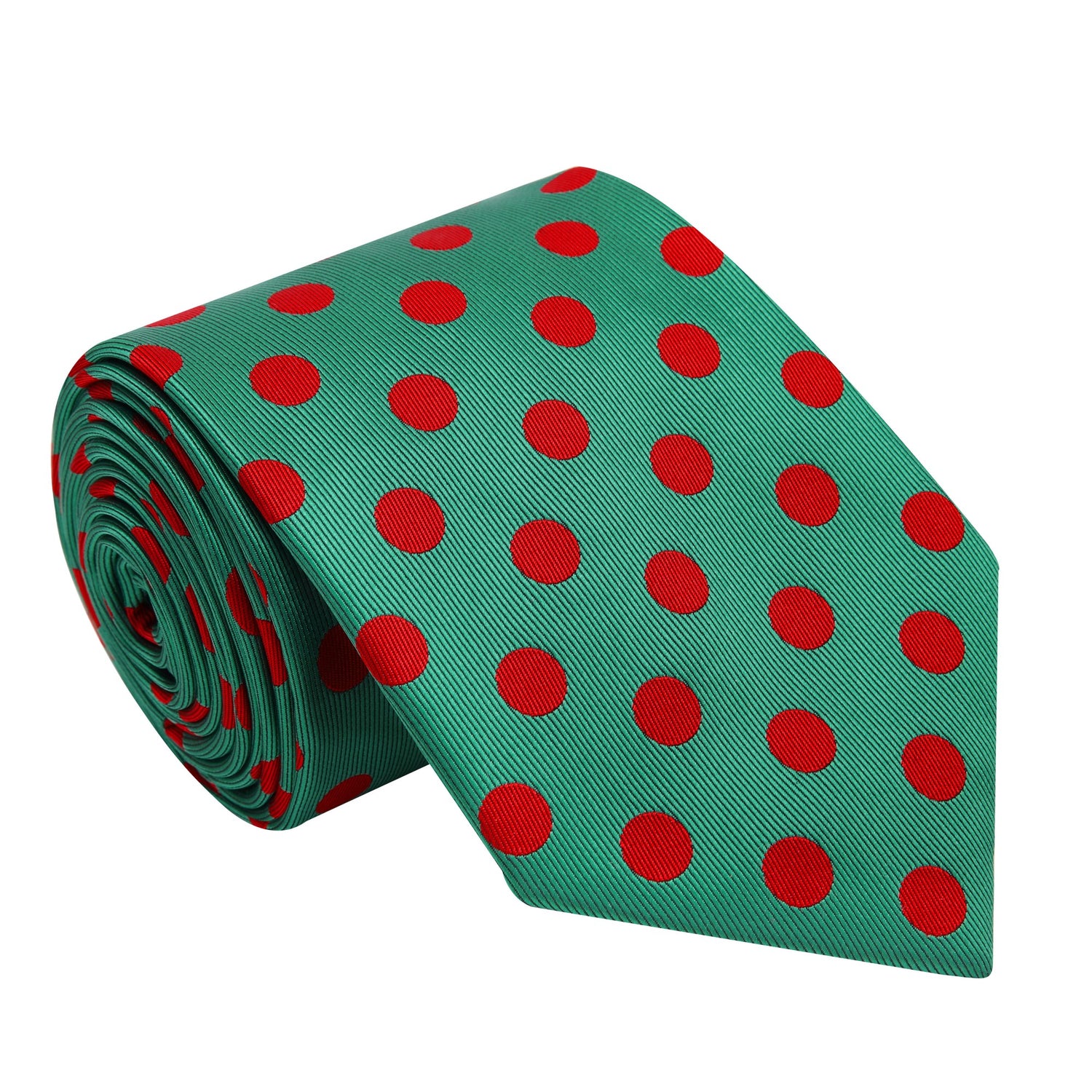 A Green, Red Polka Dot Pattern Silk Necktie 