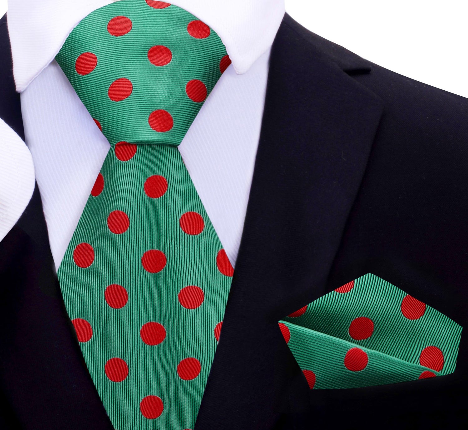 A Green, Red Polka Dot Pattern Silk Necktie, Matching Pocket Square