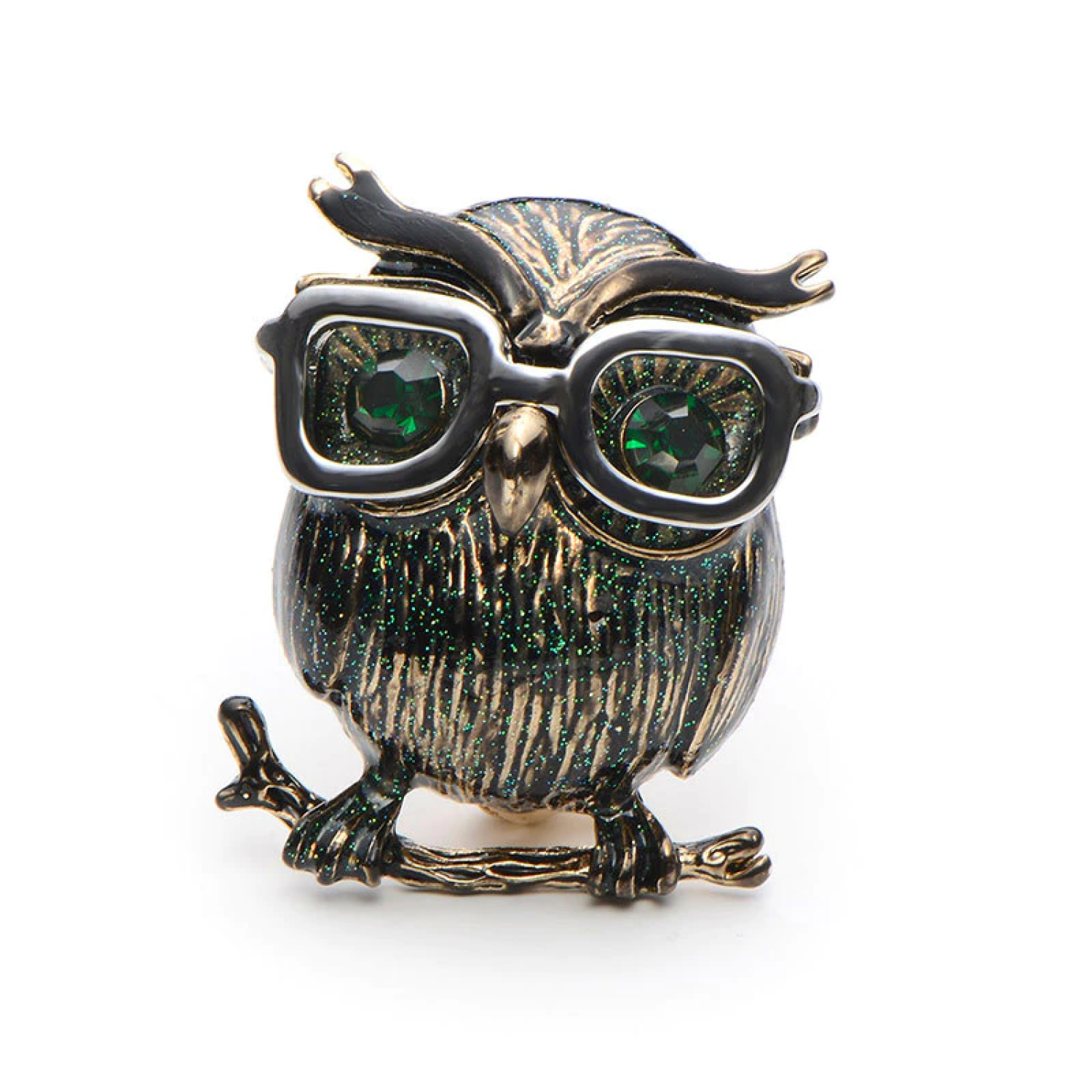 A Green Speckled Owl Shaped Lapel Pin