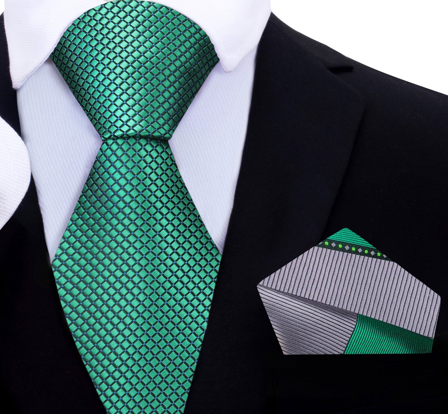 Green Geometric Tie with Grey and Green Abstract Square