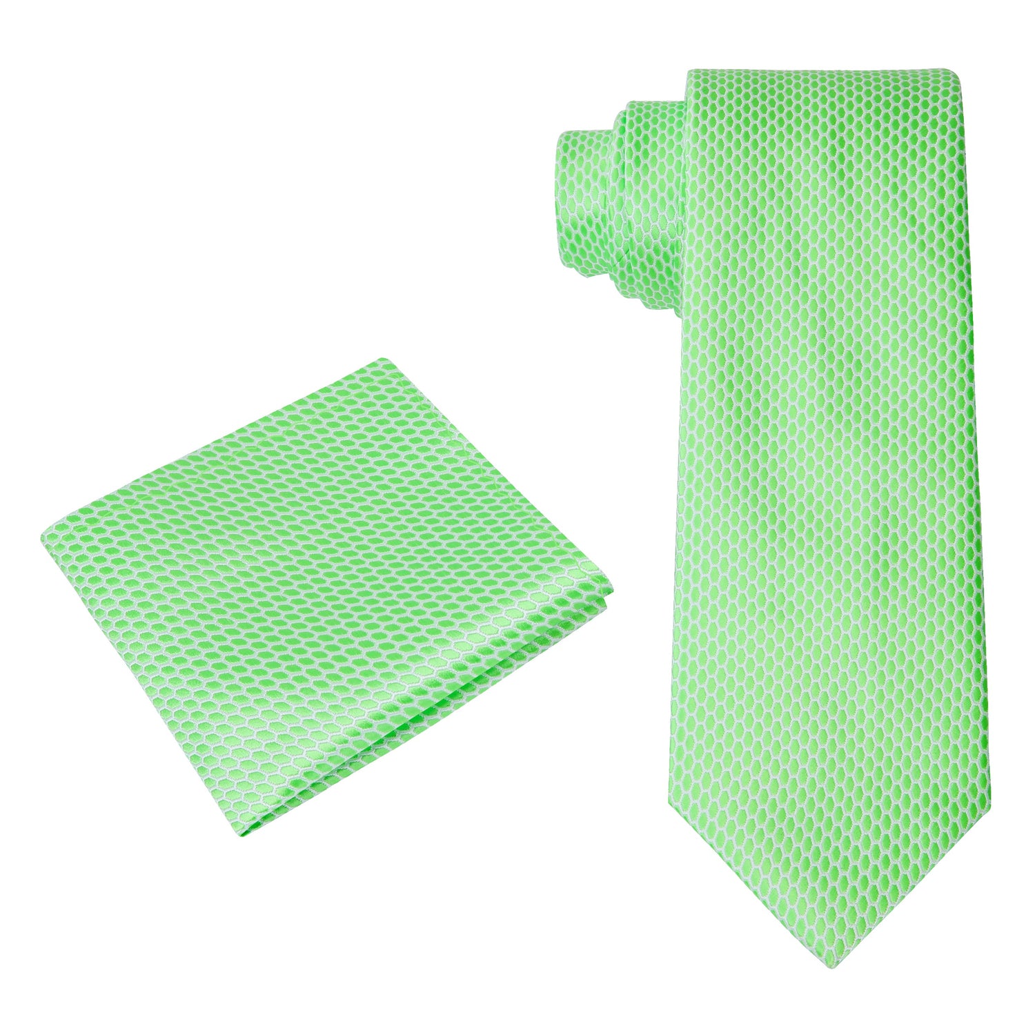 Alt View: A Bright Green, White Geometric Oval Shaped Pattern Silk Necktie, Matching Pocket Square