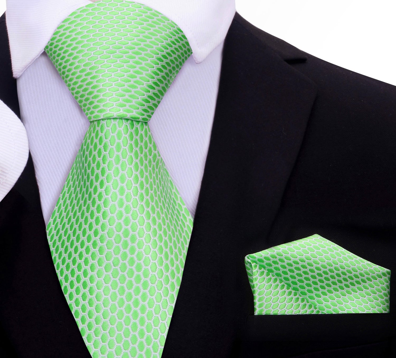 A Bright Green, White Geometric Oval Shaped Pattern Silk Necktie, Matching Pocket Square