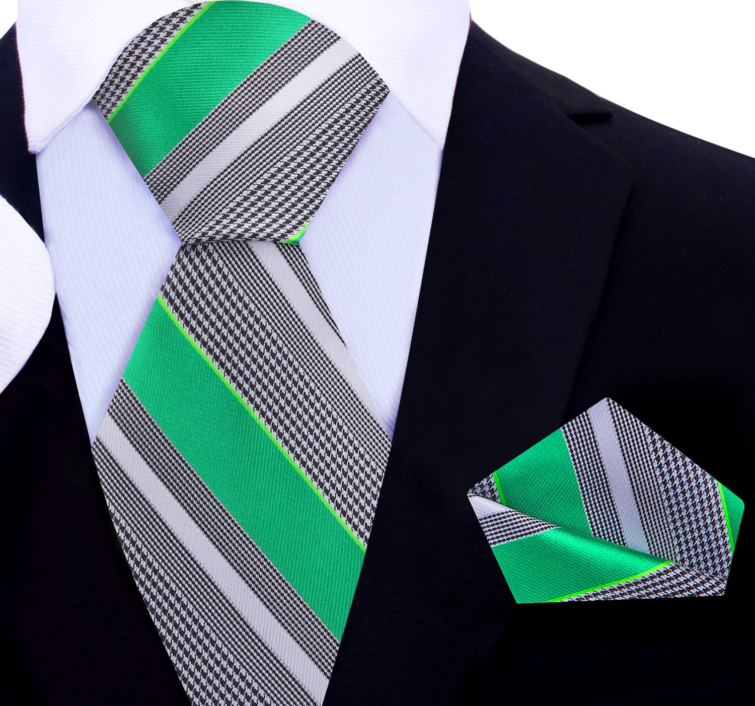 A Green, Grey, White Color Stripe Pattern Silk Tie, Pocket Square