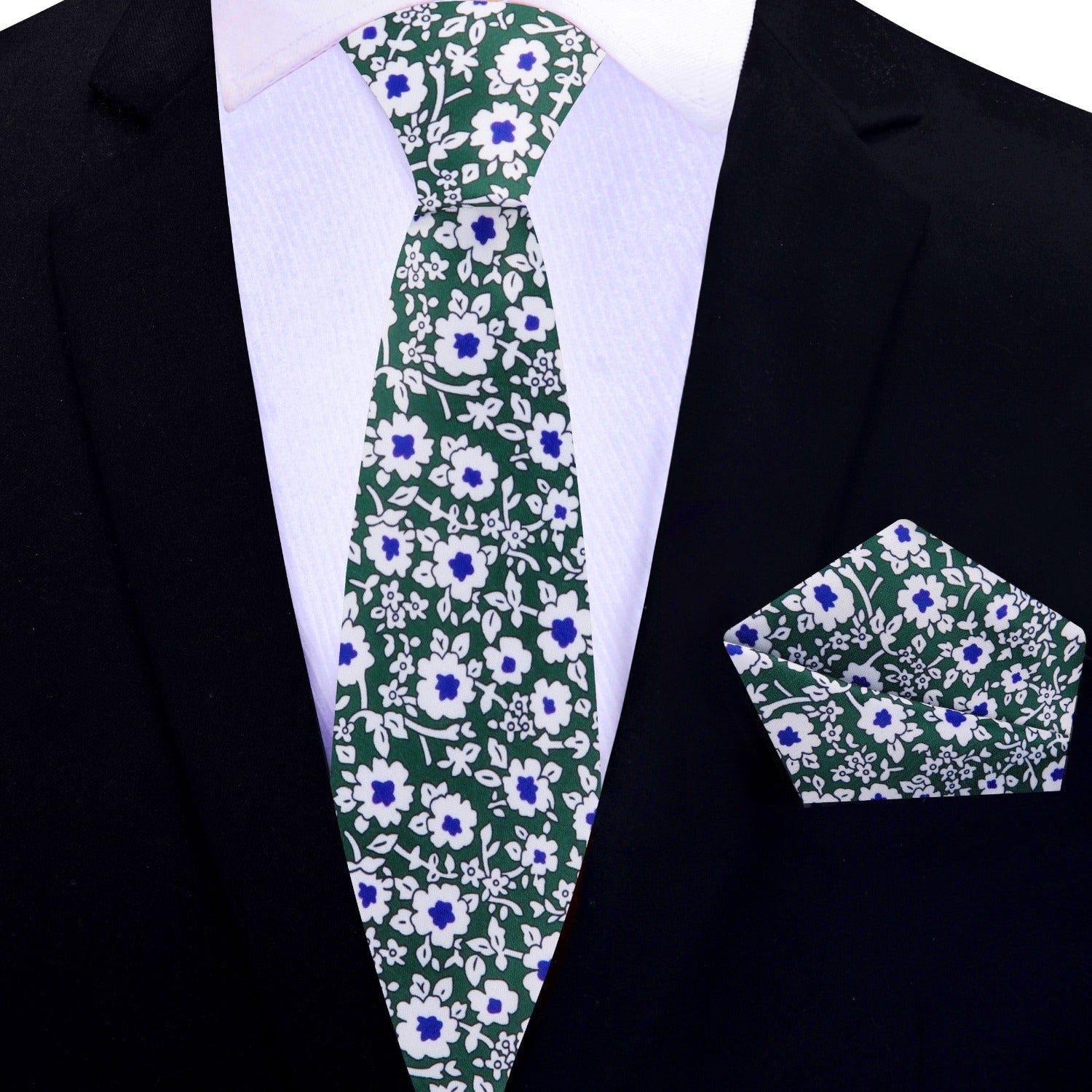 Green, White, Blue Flowers Thin Tie with Matching Pocket Square