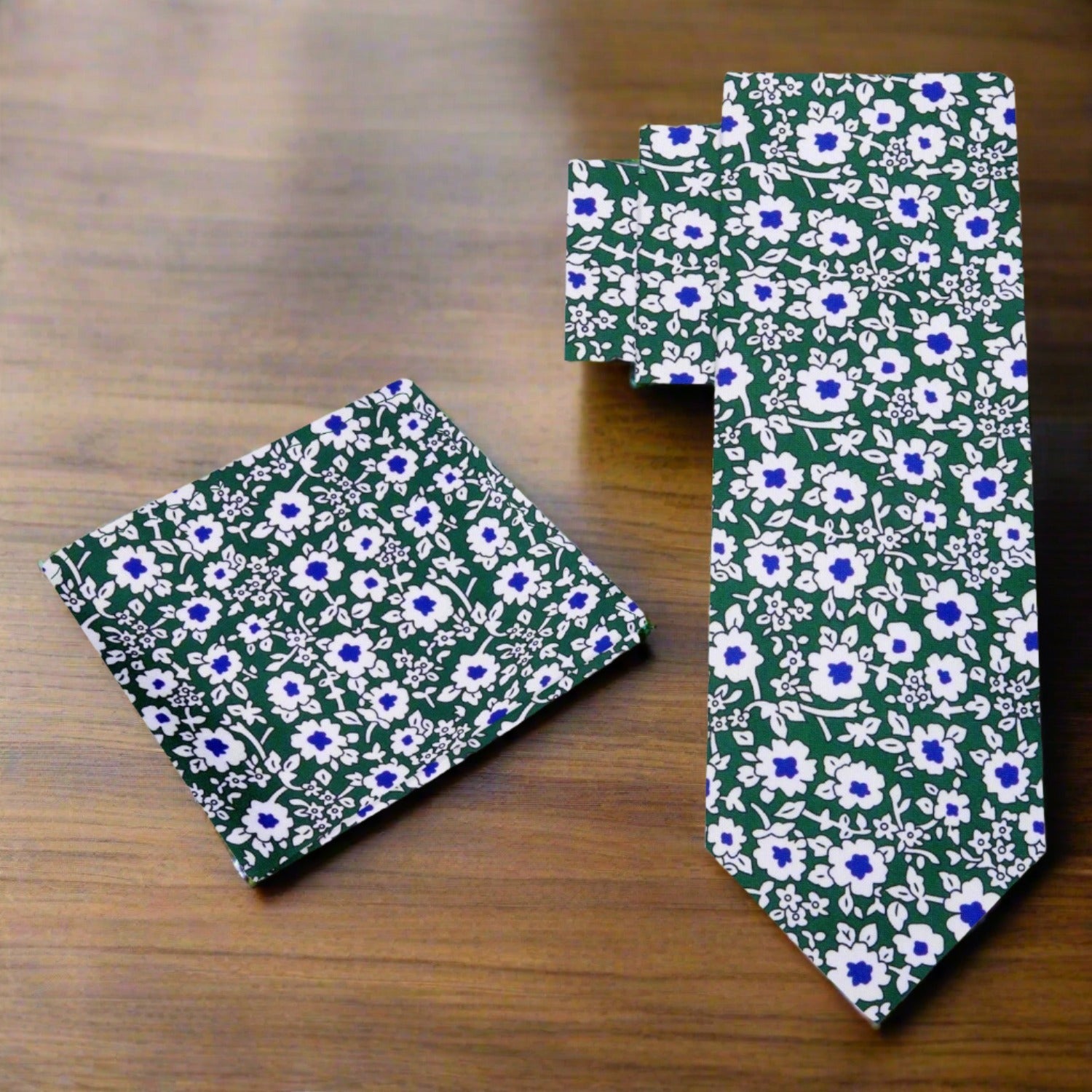 Alt View: Green, White, Blue Flowers Tie with Matching Pocket Square