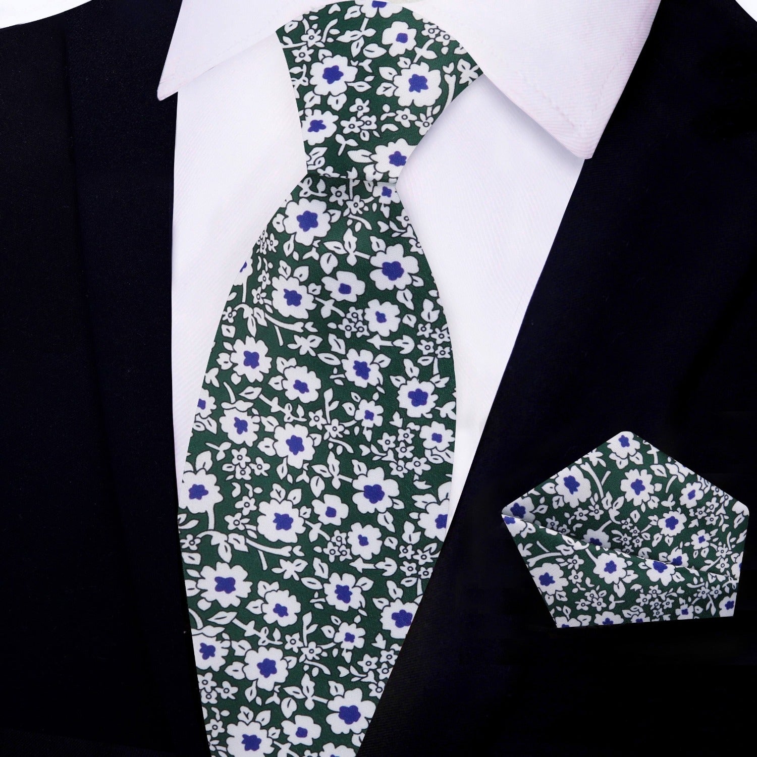 Green, White, Blue Flowers Tie with Matching Pocket Square