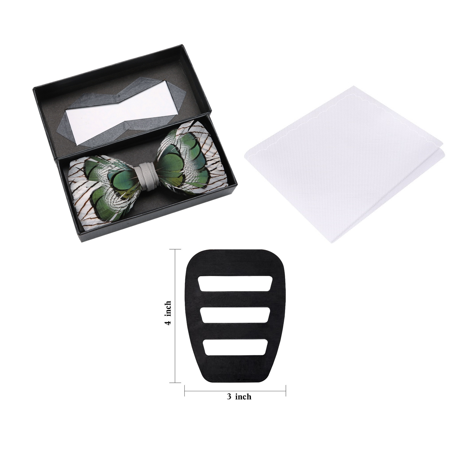 Green, White Feather Pre Tied Bow Tie, White Square and Pocket Square Holder