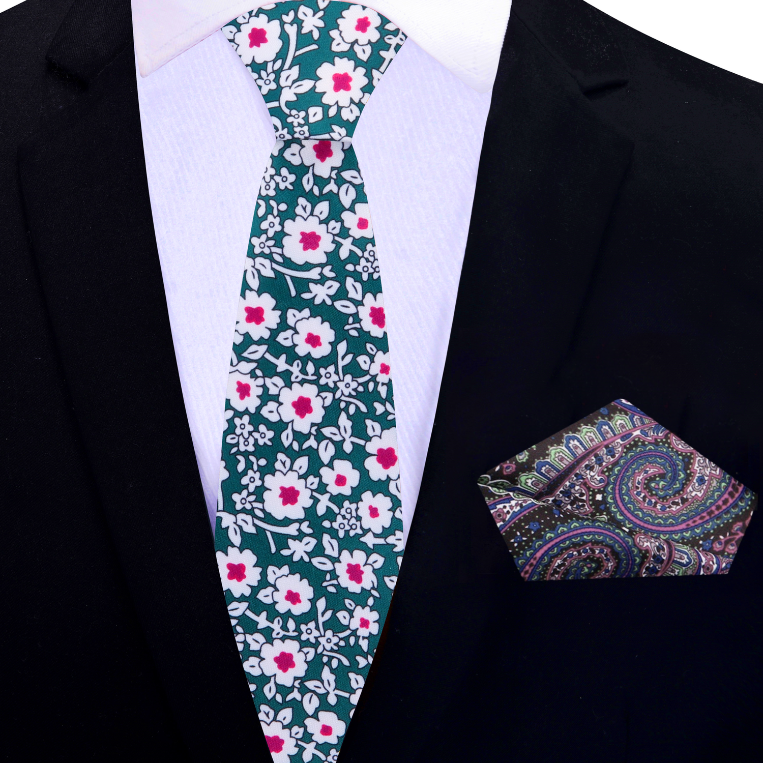 Thin Tie: Green, White, Pink Small Flowers Necktie and Accenting Paisley Square