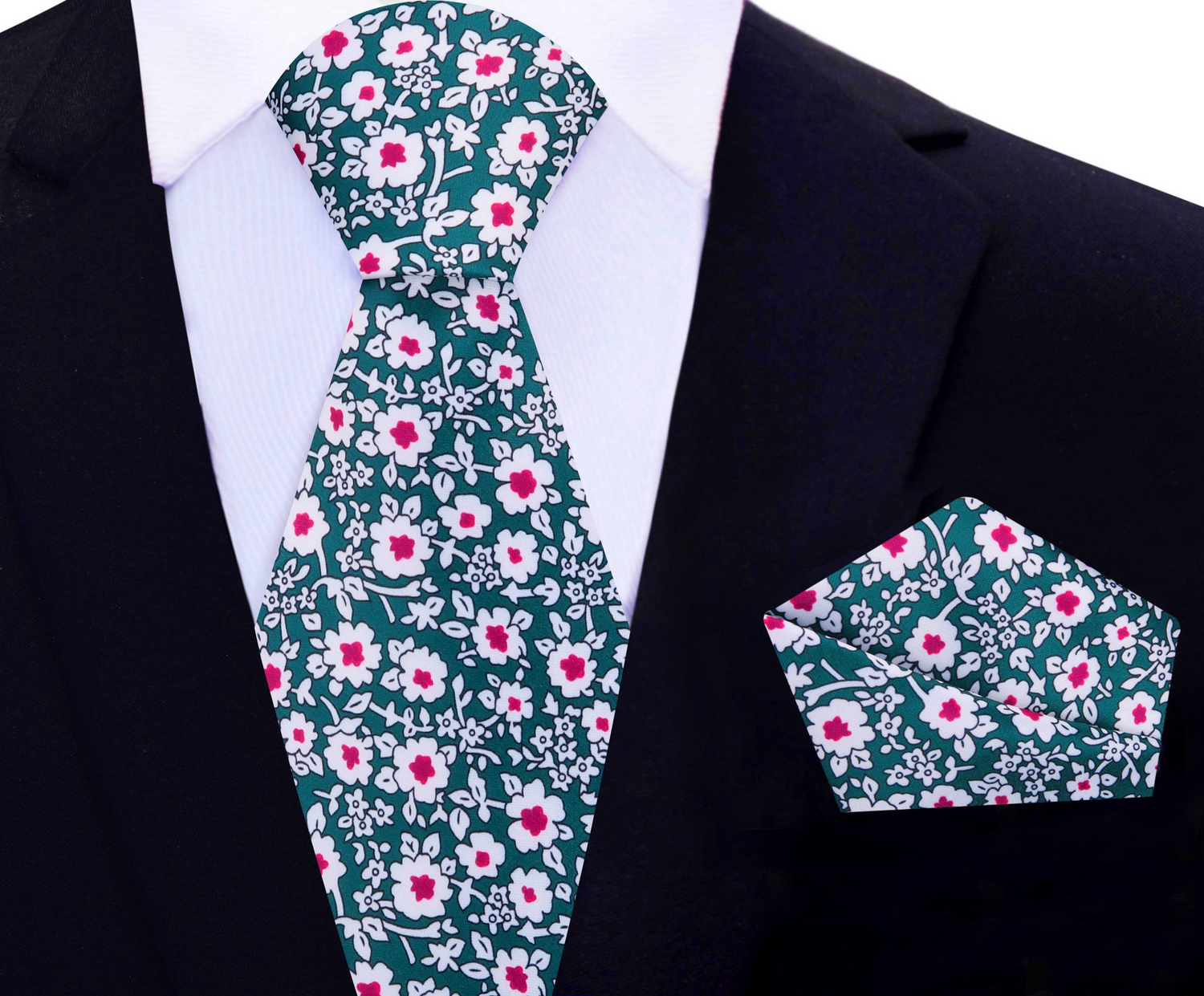 Green, White, Pink Small Flowers Necktie and Matching Paisley Square