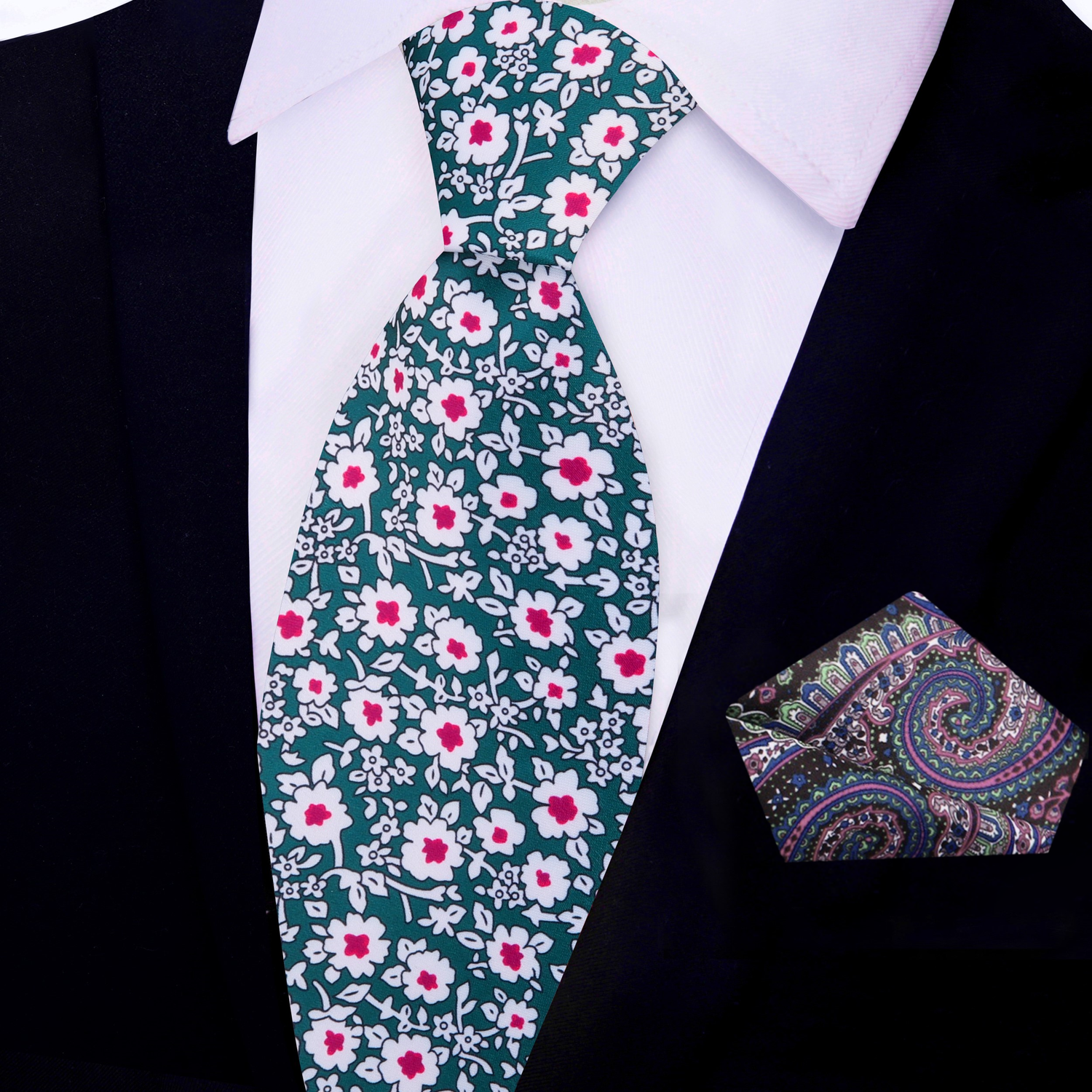 View 2: Green, White, Pink Small Flowers Necktie and Accenting Paisley Square