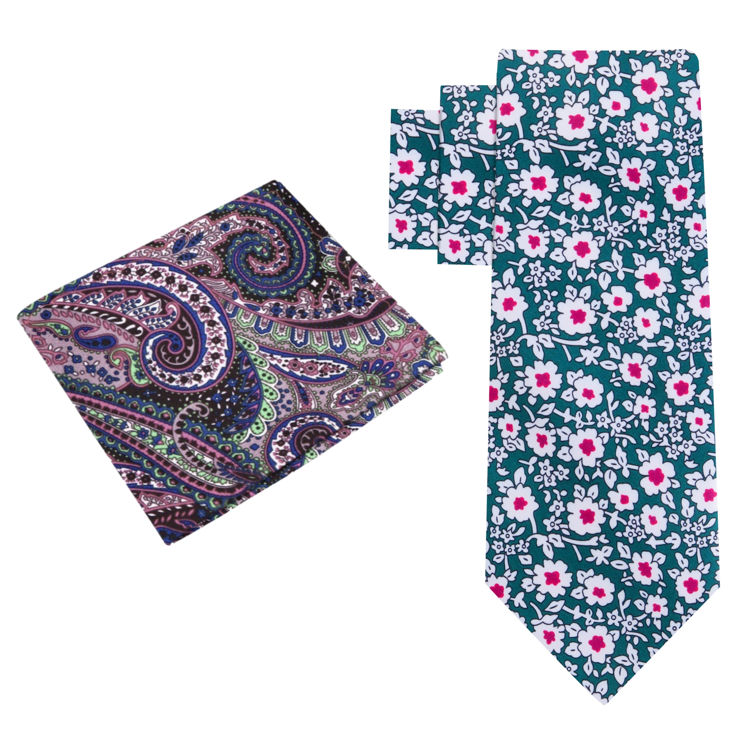 Alt View: Green, White, Pink Small Flowers Necktie and Accenting Paisley Square