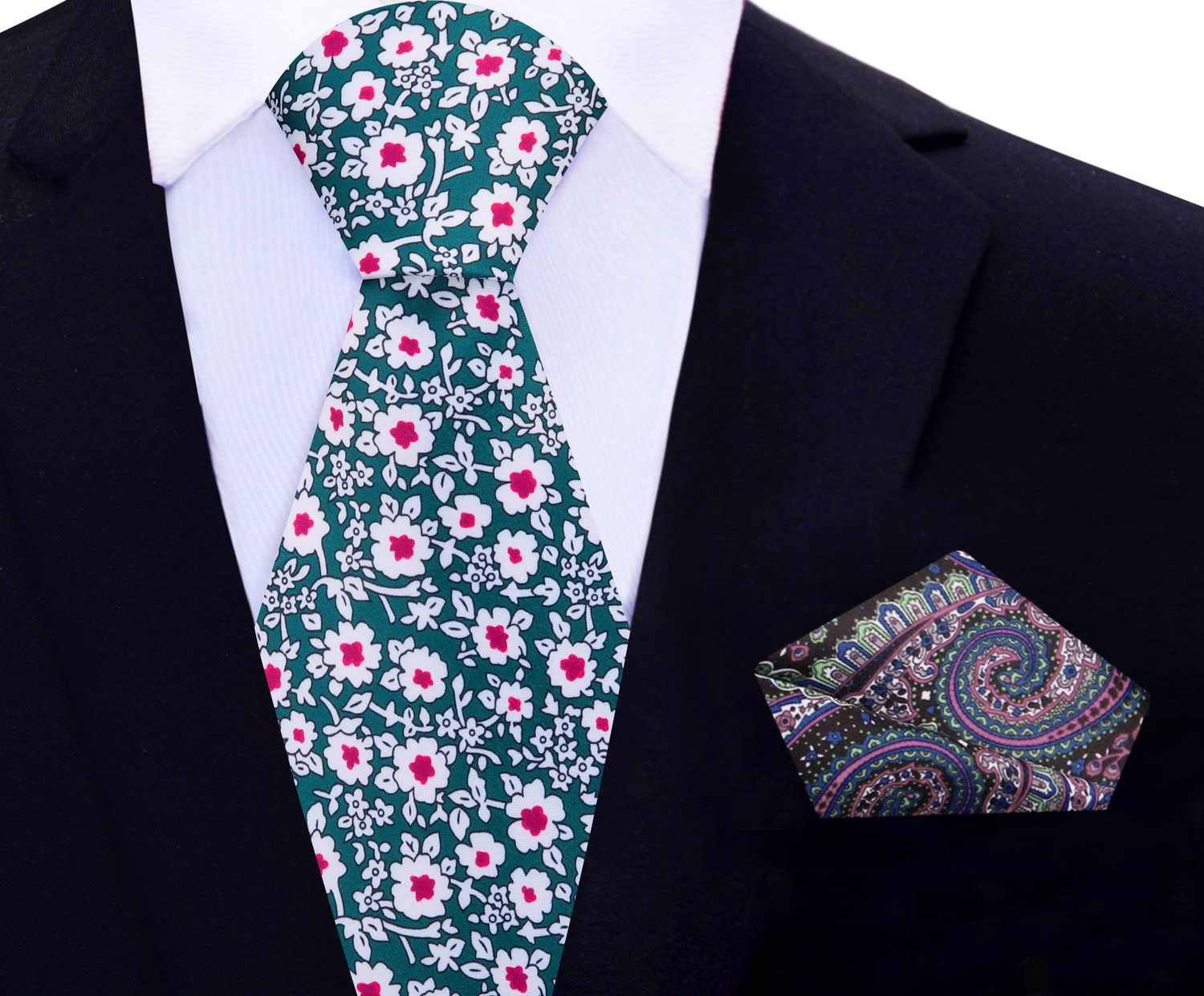 Green, White, Pink Small Flowers Necktie and Accenting Paisley Square