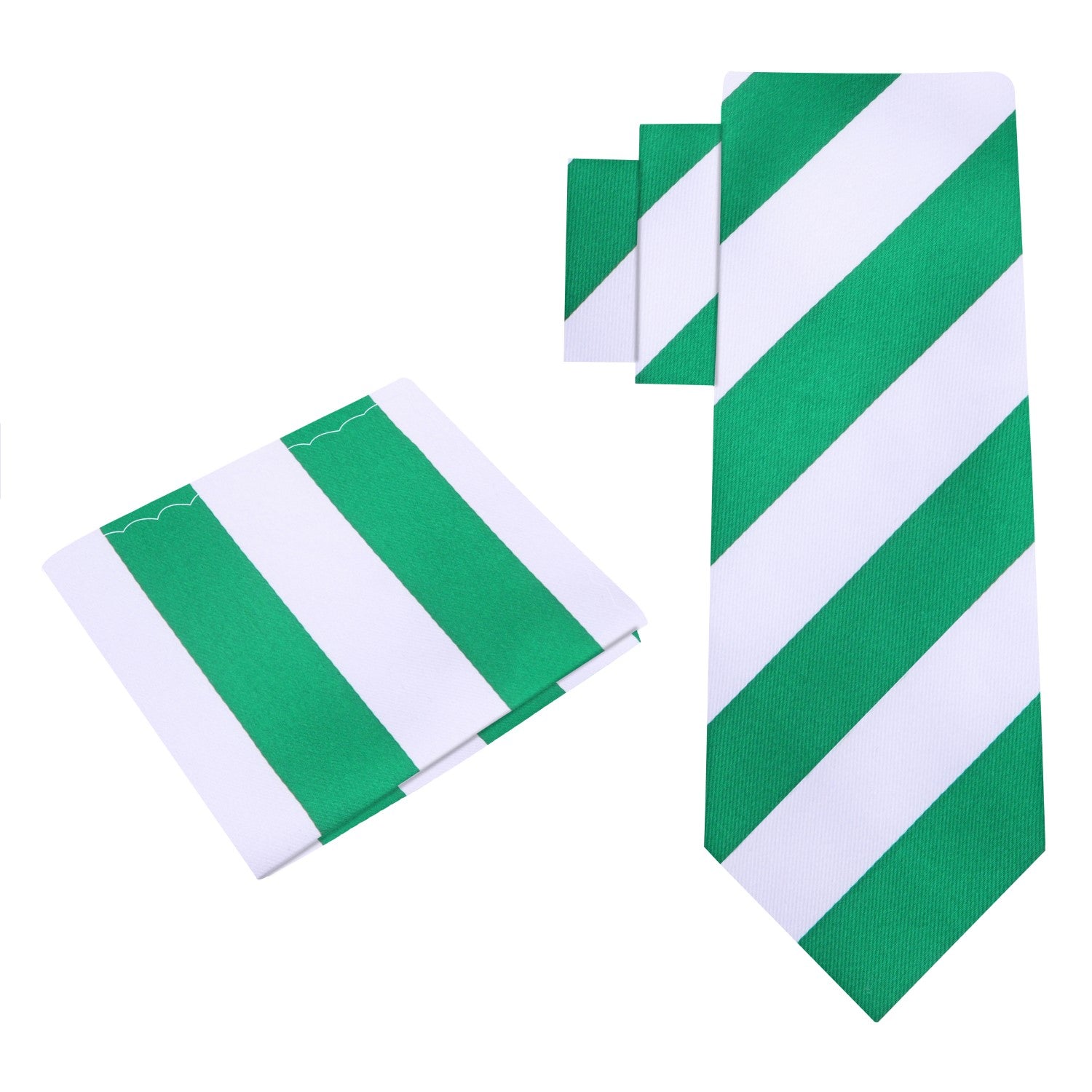 View 2: Green, White Block Stripe Tie and Square