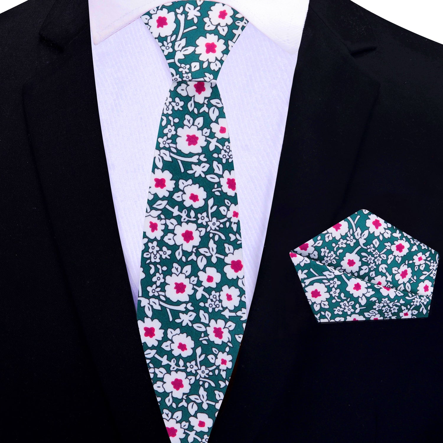 Thin Tie: Green, White, Pink Small Flowers Necktie and Matching Paisley Square