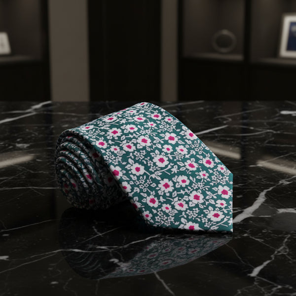 Green, Pink & White Floral Necktie for Weddings & Events