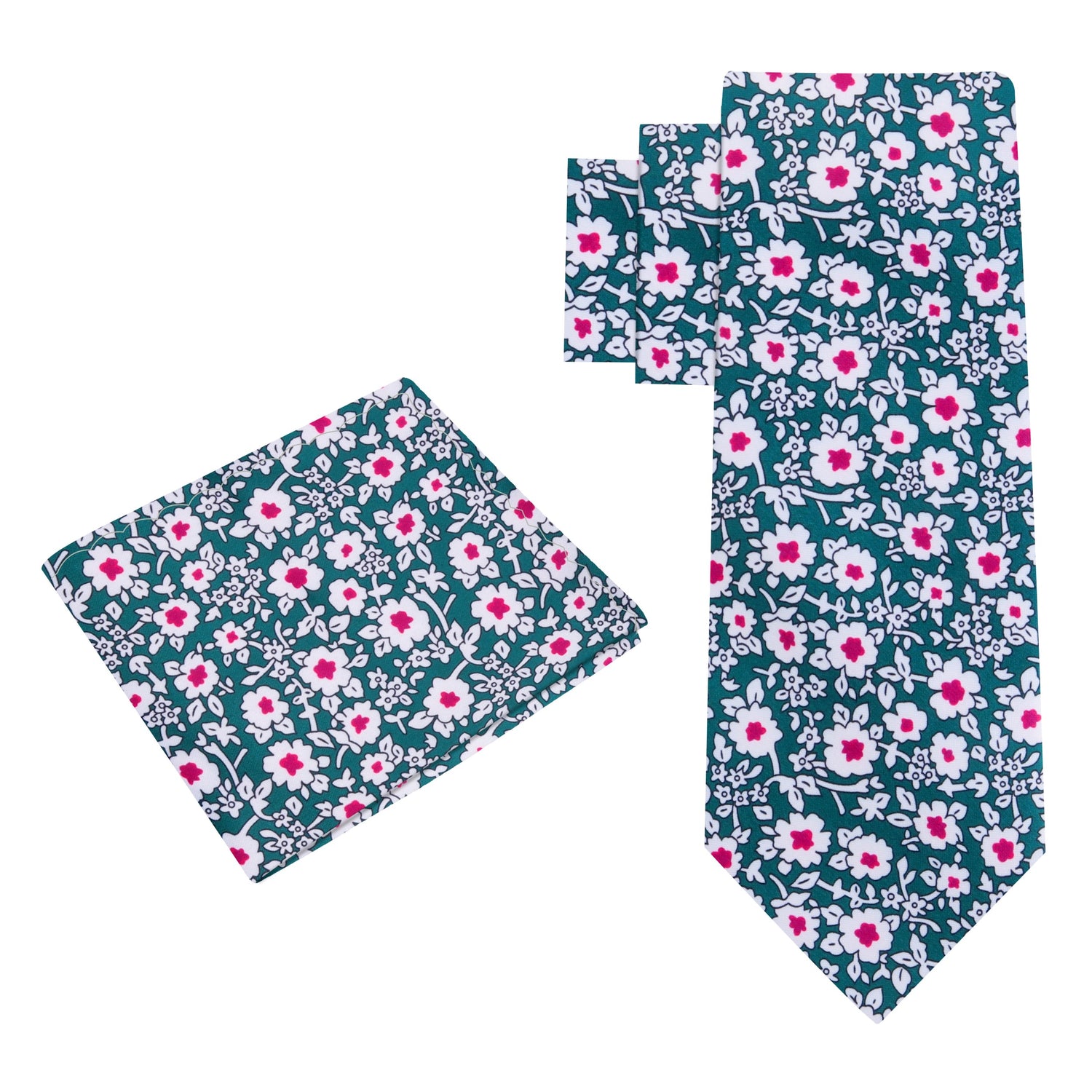 Alt View: Green, White, Pink Small Flowers Necktie and Matching Paisley Square