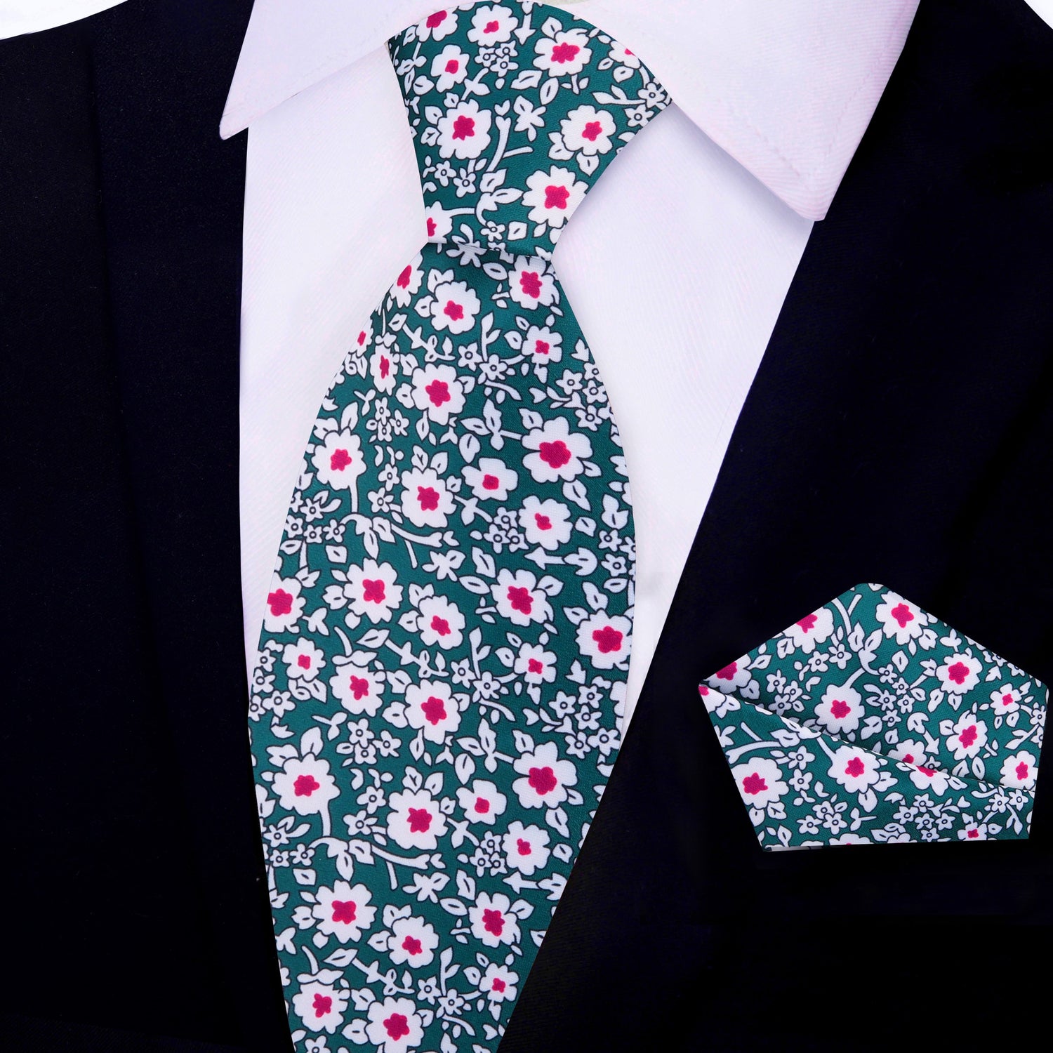 View 2: Green, White, Pink Small Flowers Necktie and Matching Paisley Square