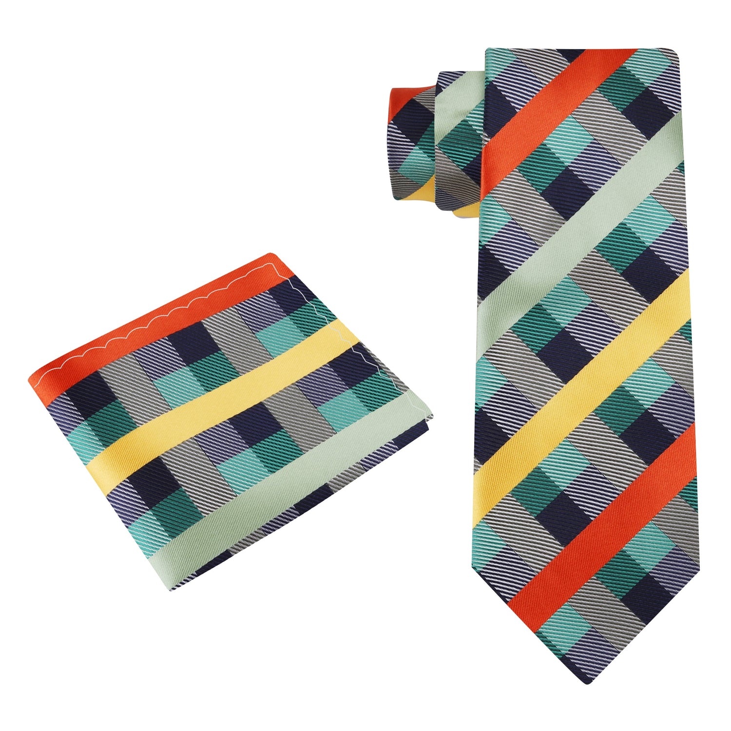 Alt View: Green, Yellow, Orange Check Tie and Pocket Square