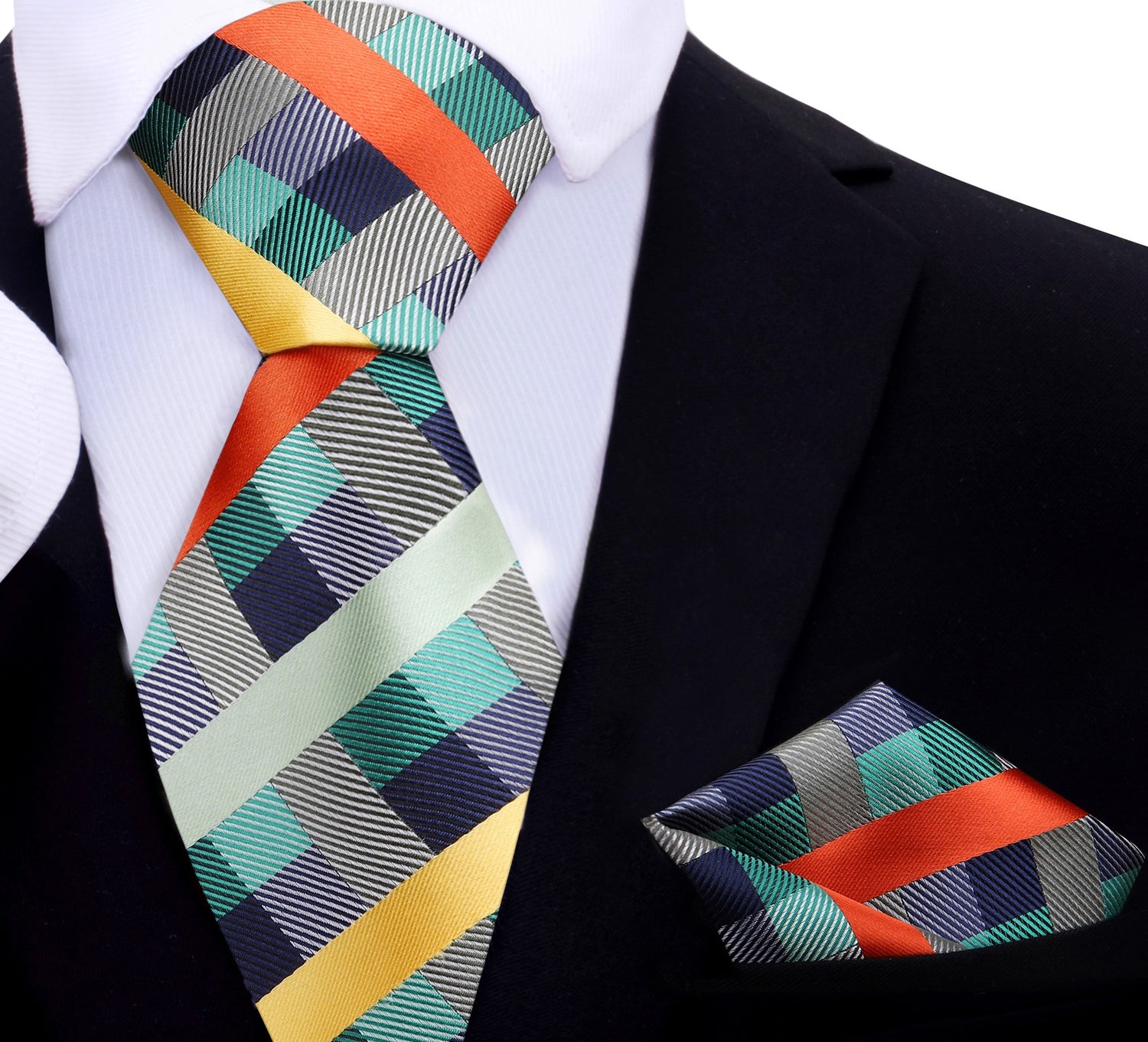 Green, Yellow, Orange Check Tie and Pocket Square