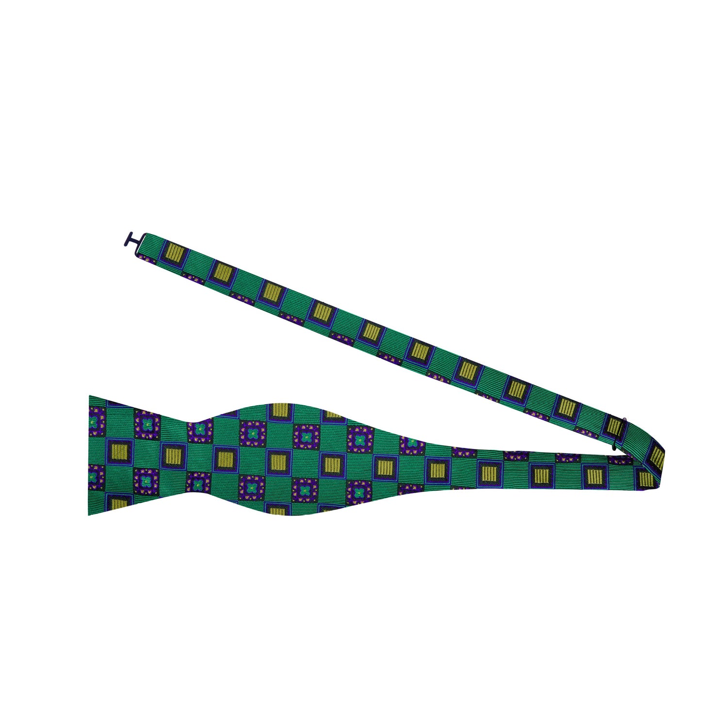 A Green, Yellow Geometric Squares Pattern Silk Self Tie Bow Tie Untied