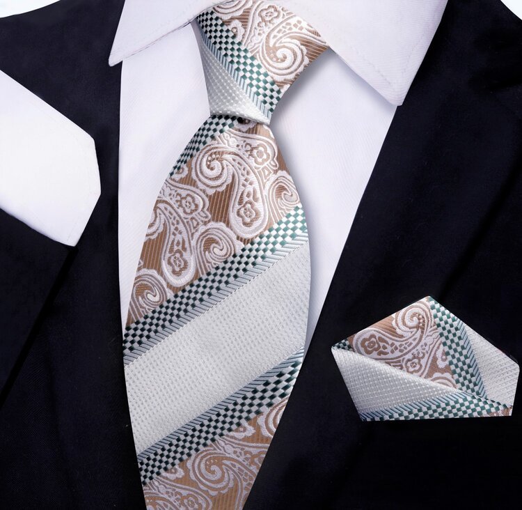 Green, Brown Paisley and Check Tie and Pocket Square