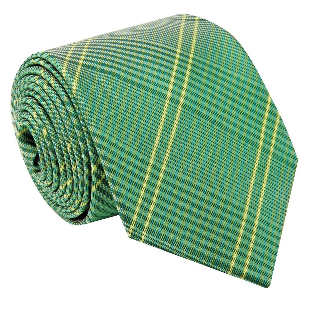 A Light Green, Green, Yellow Plaid Pattern Silk Necktie 