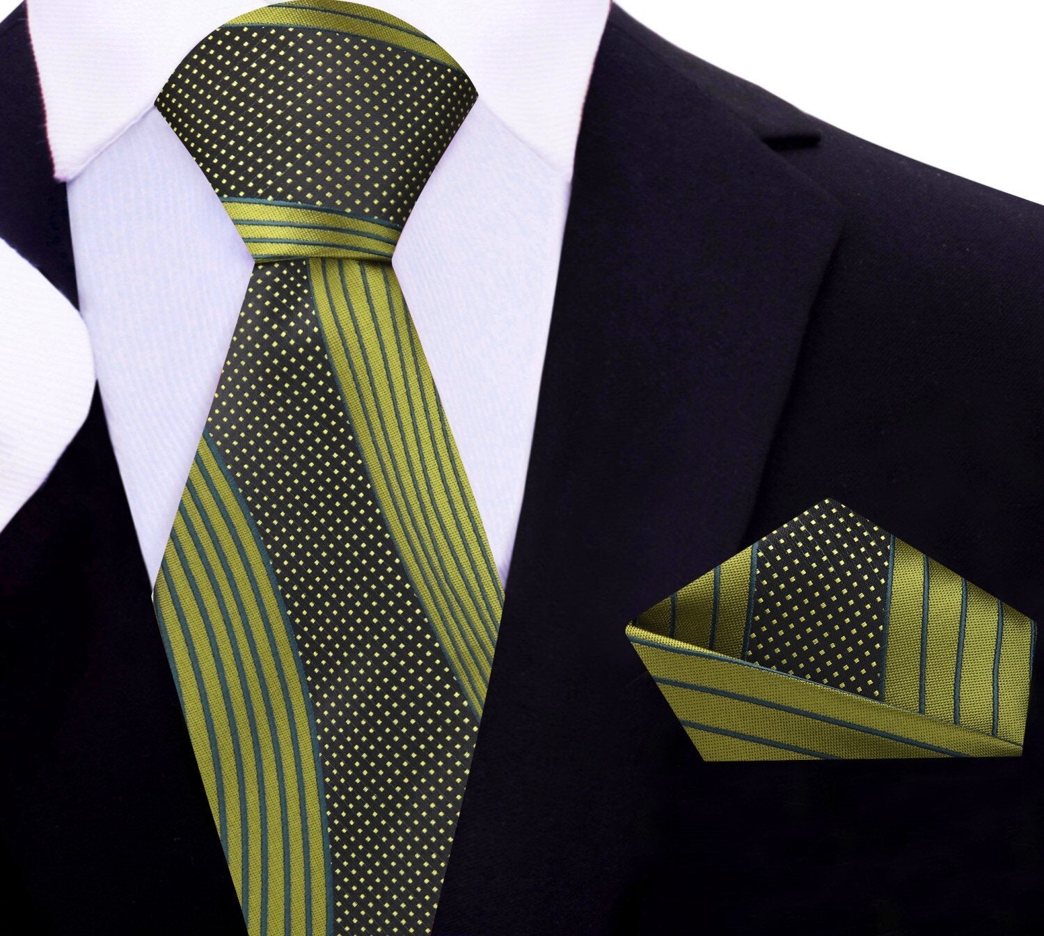 Main View: Olive, Deep Lime and Black Abstract Tie and Pocket Square