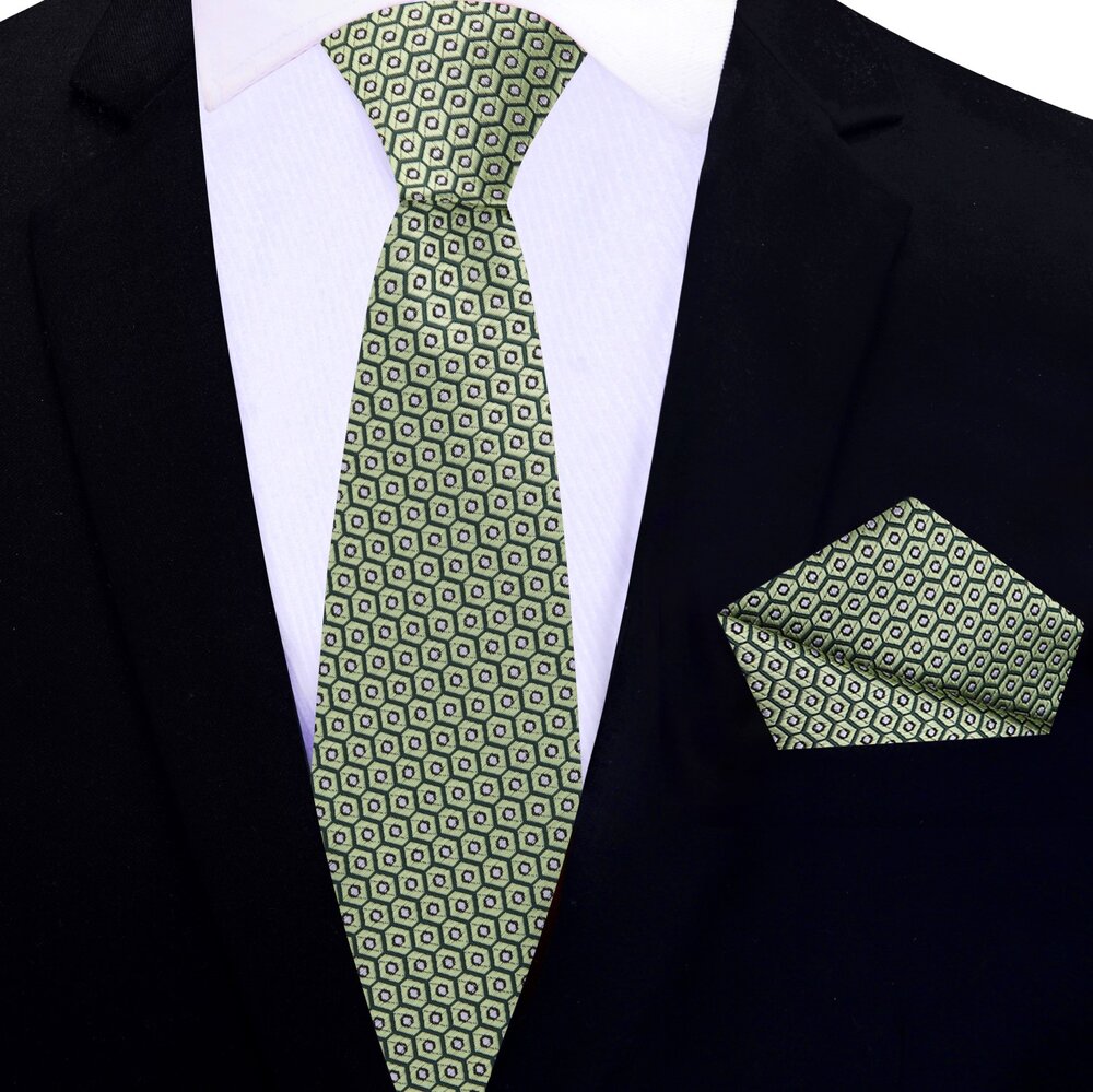 Sage, Olive, Grey Geometric Thin Tie and Pocket Square