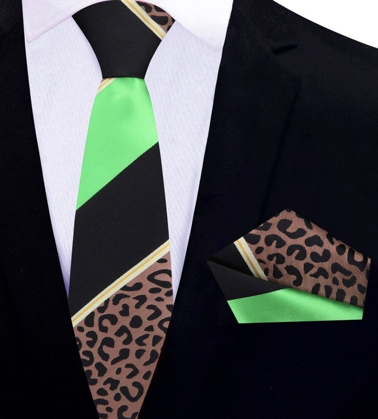 Thin Tie View: Black, Brown, Green Cheetah Tie and Pocket Square