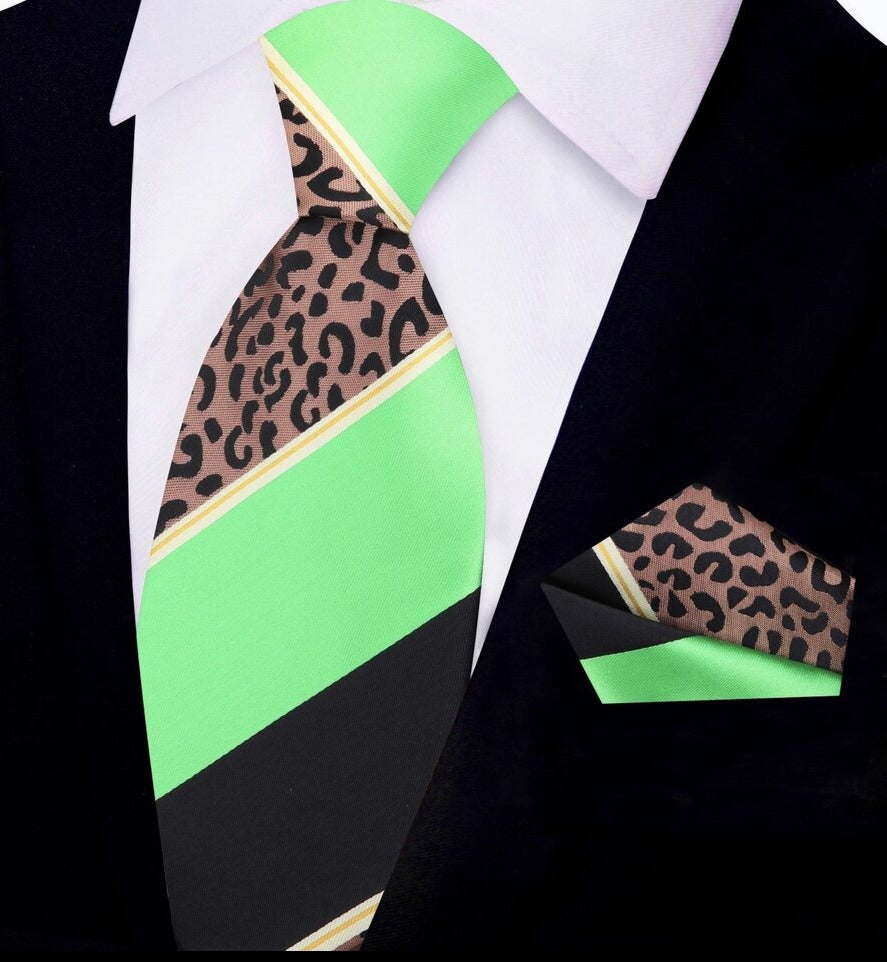 Black, Brown, Green Cheetah Tie and Pocket Square