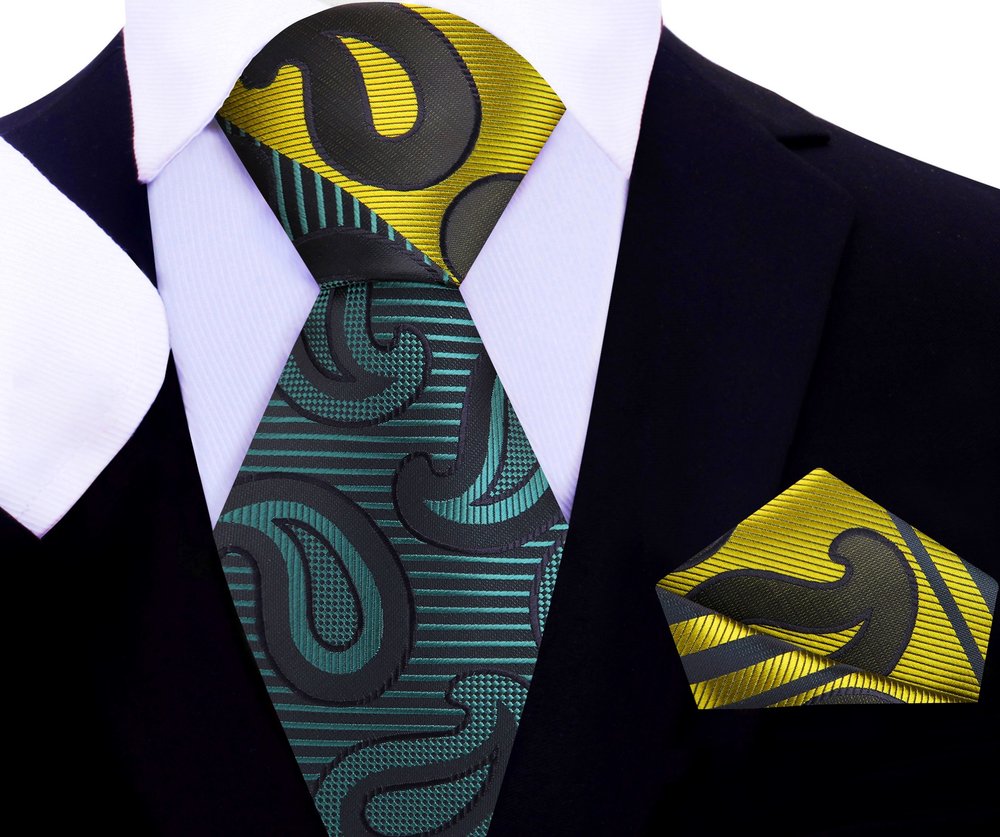 Green Olive Gold Paisley Tie and Pocket Square||Green