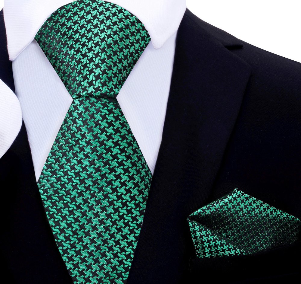 Green, Black Hounds Tooth Tie and Square||Green/Black