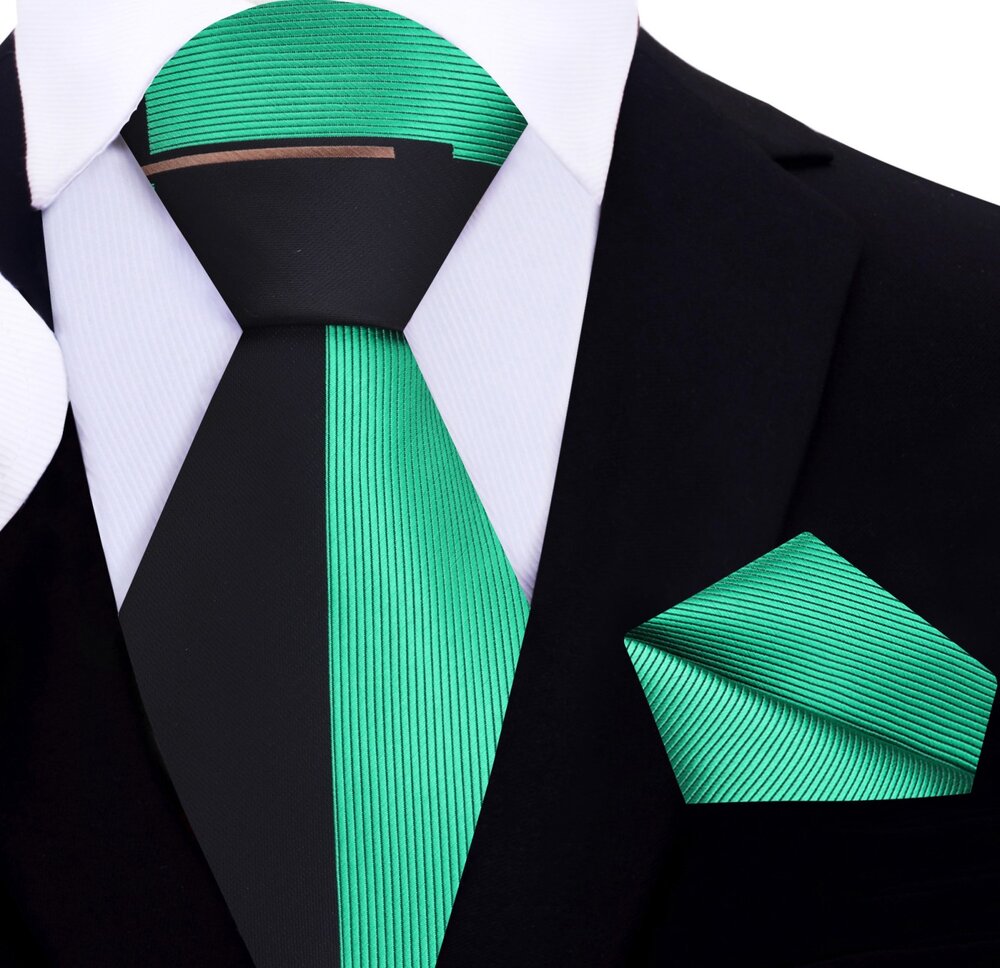 A Black, Green Geometric Lined Pattern Silk Necktie, Solid Green Pocket Square||Black, Green, Brown Gold