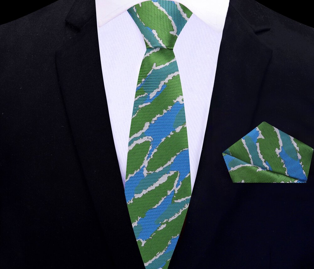 Thin Tie View: Blue, Green Abstract Tie and Pocket Square