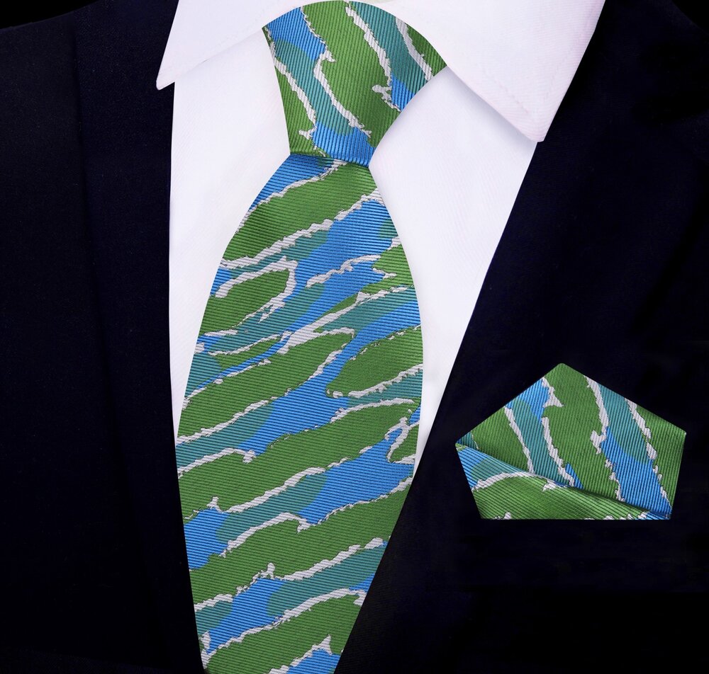 Blue, Green Abstract Tie and Pocket Square
