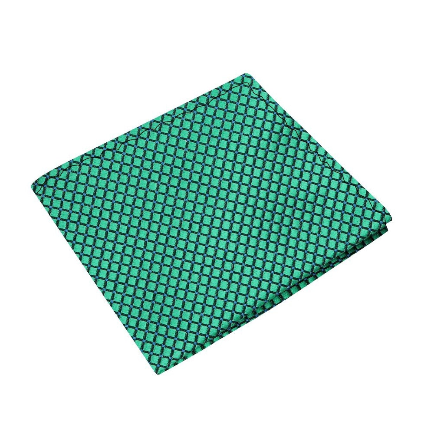 View 2: Green, Blue Color Small Geometric with Check Pattern Silk Pocket Square