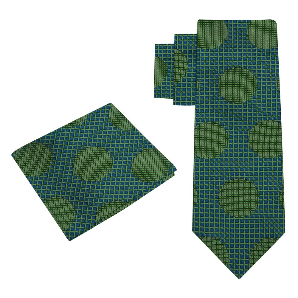 A Dark Blue, Green Large Polka Dot Pattern Silk Necktie With Matching Pocket Square