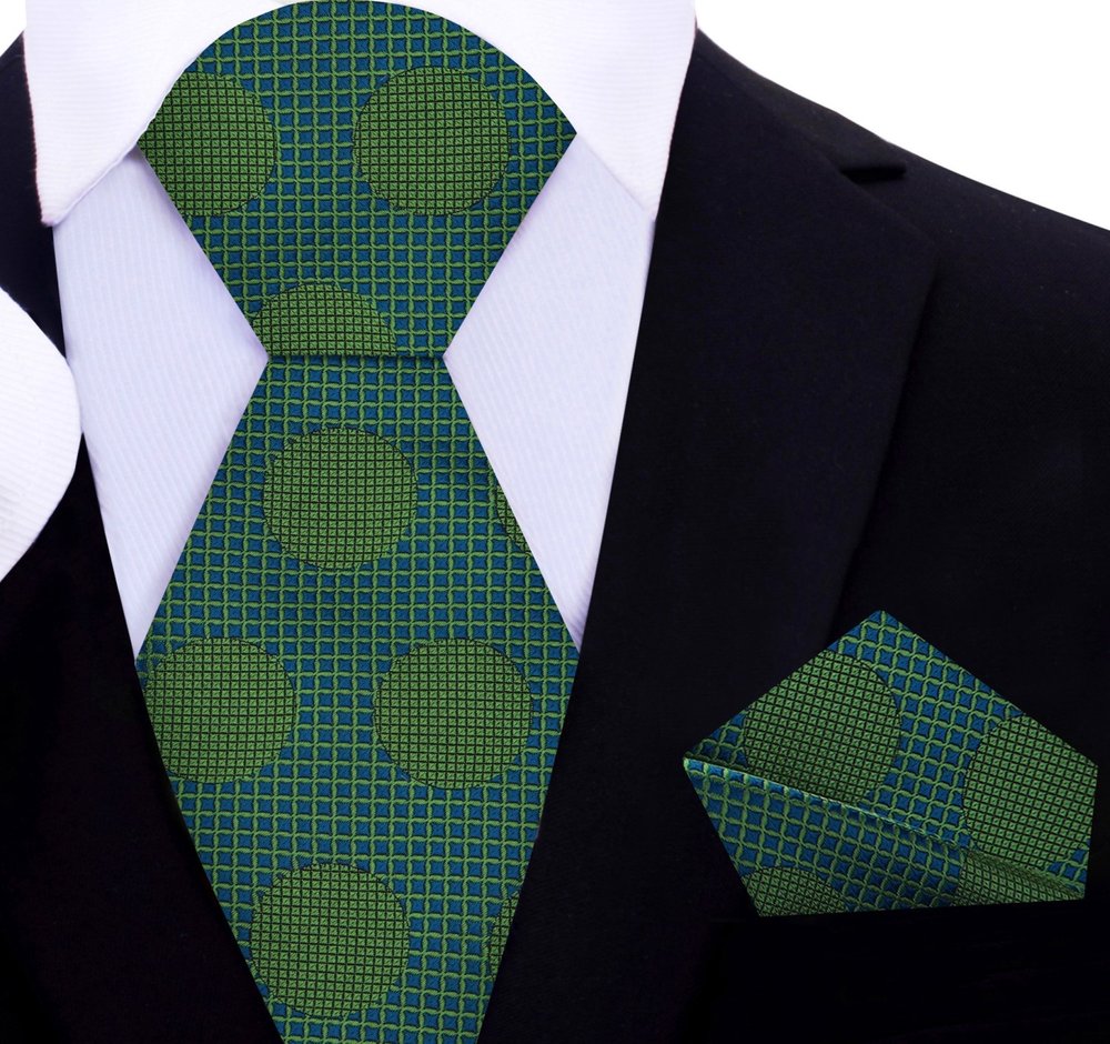 A Dark Blue, Green Large Polka Dot Pattern Silk Necktie With Matching Pocket Square||Green